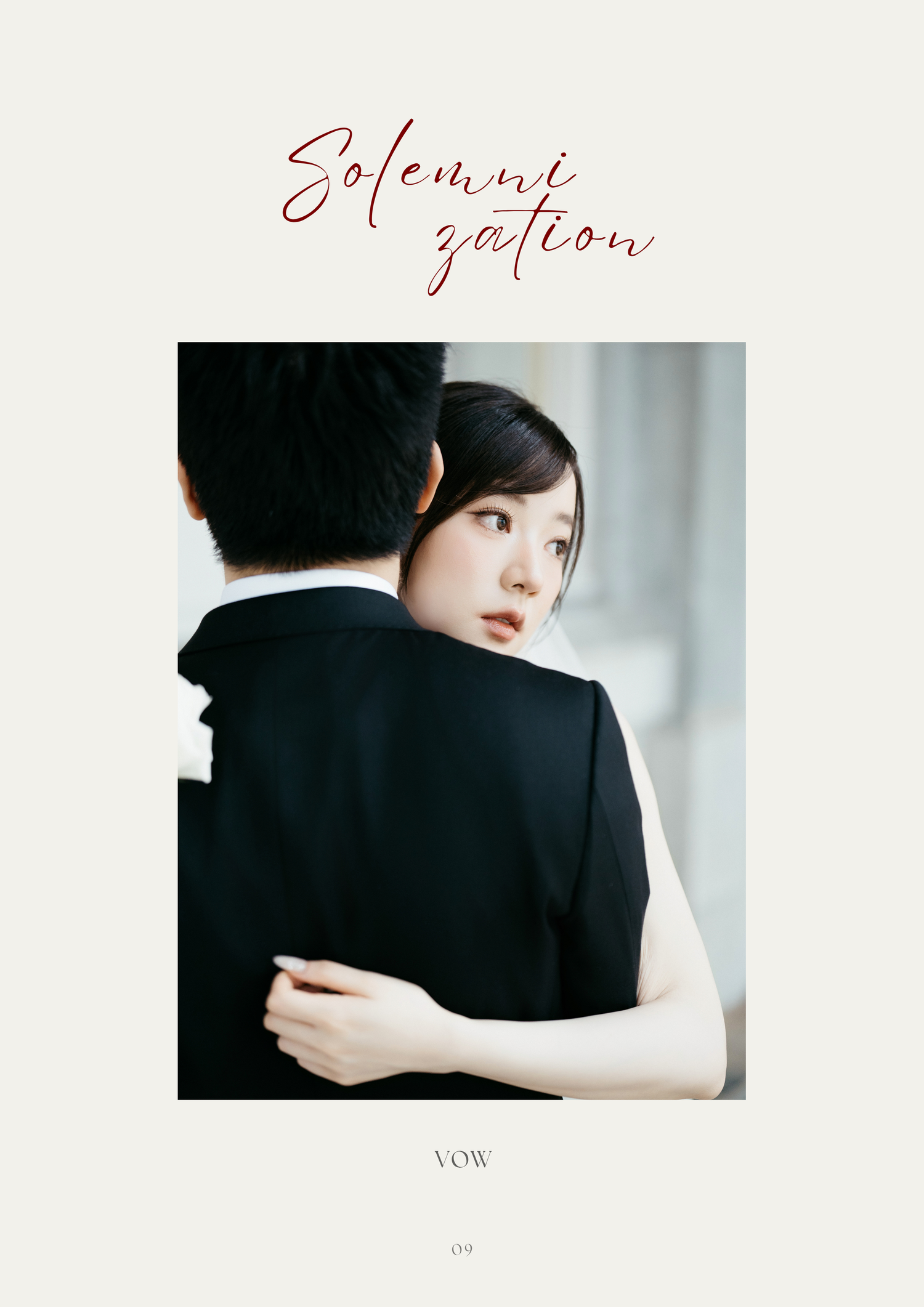 A couple embraces tenderly, the woman in a white dress resting her head on a man's shoulder in a romantic solemnization photo.