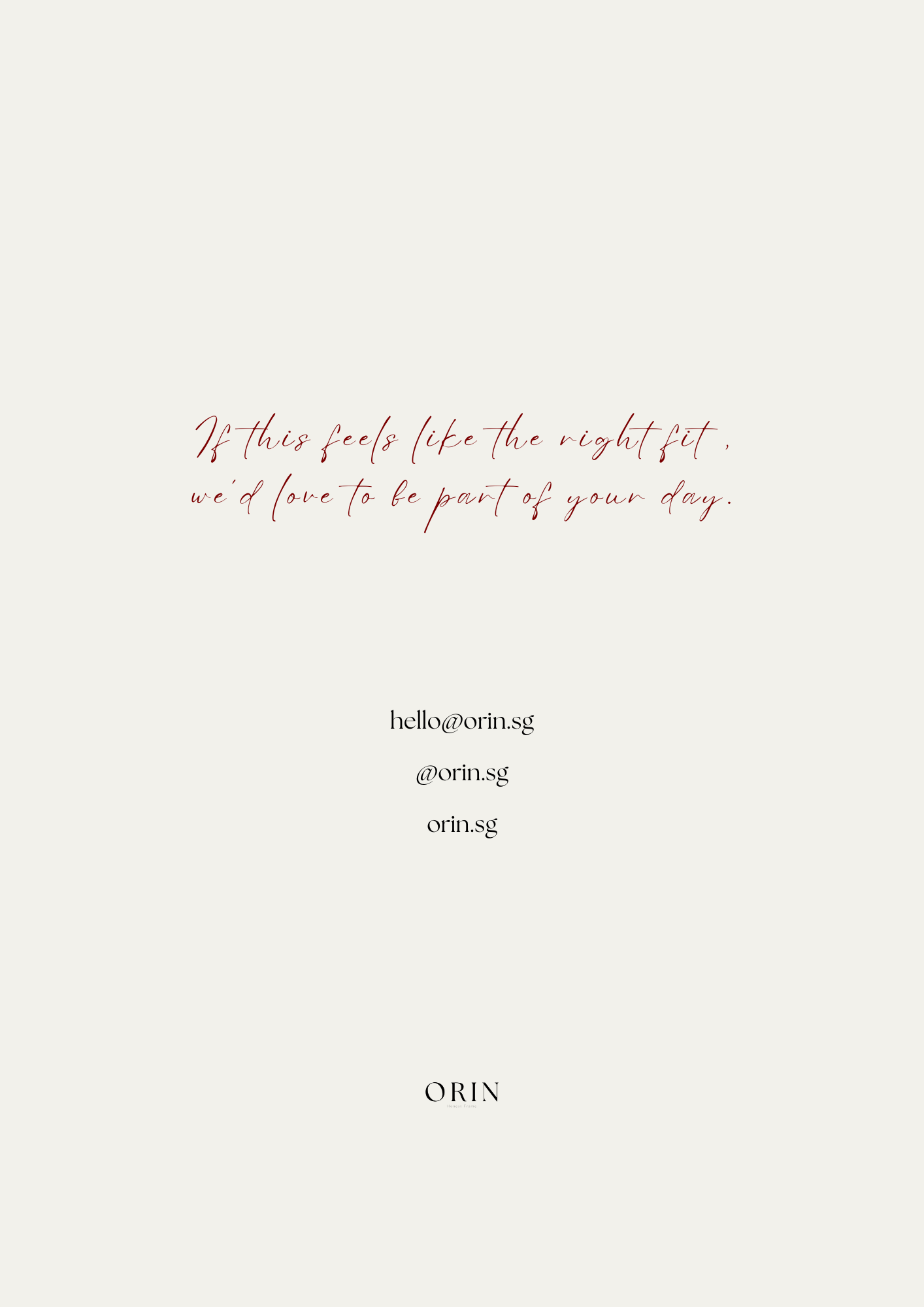 Minimalist wedding stationery card for Orin Singapore featuring elegant red script text and contact details on cream background.