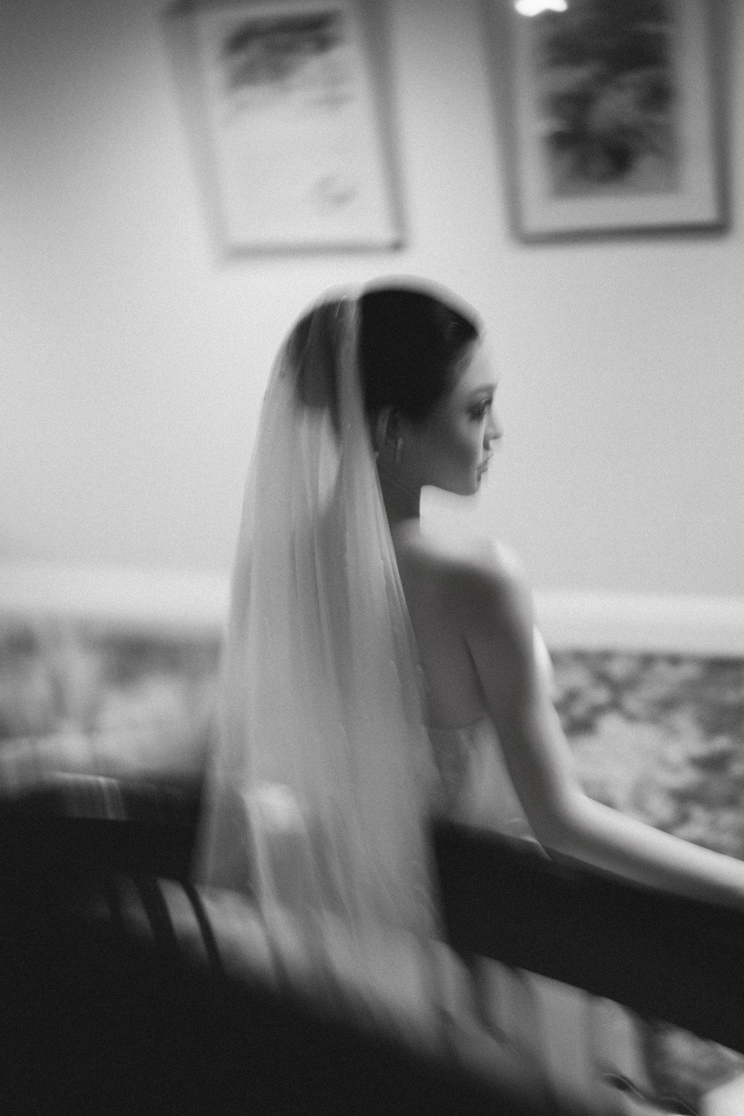 A black and white photo series shows a bride in profile wearing a veil while sitting at a piano.
