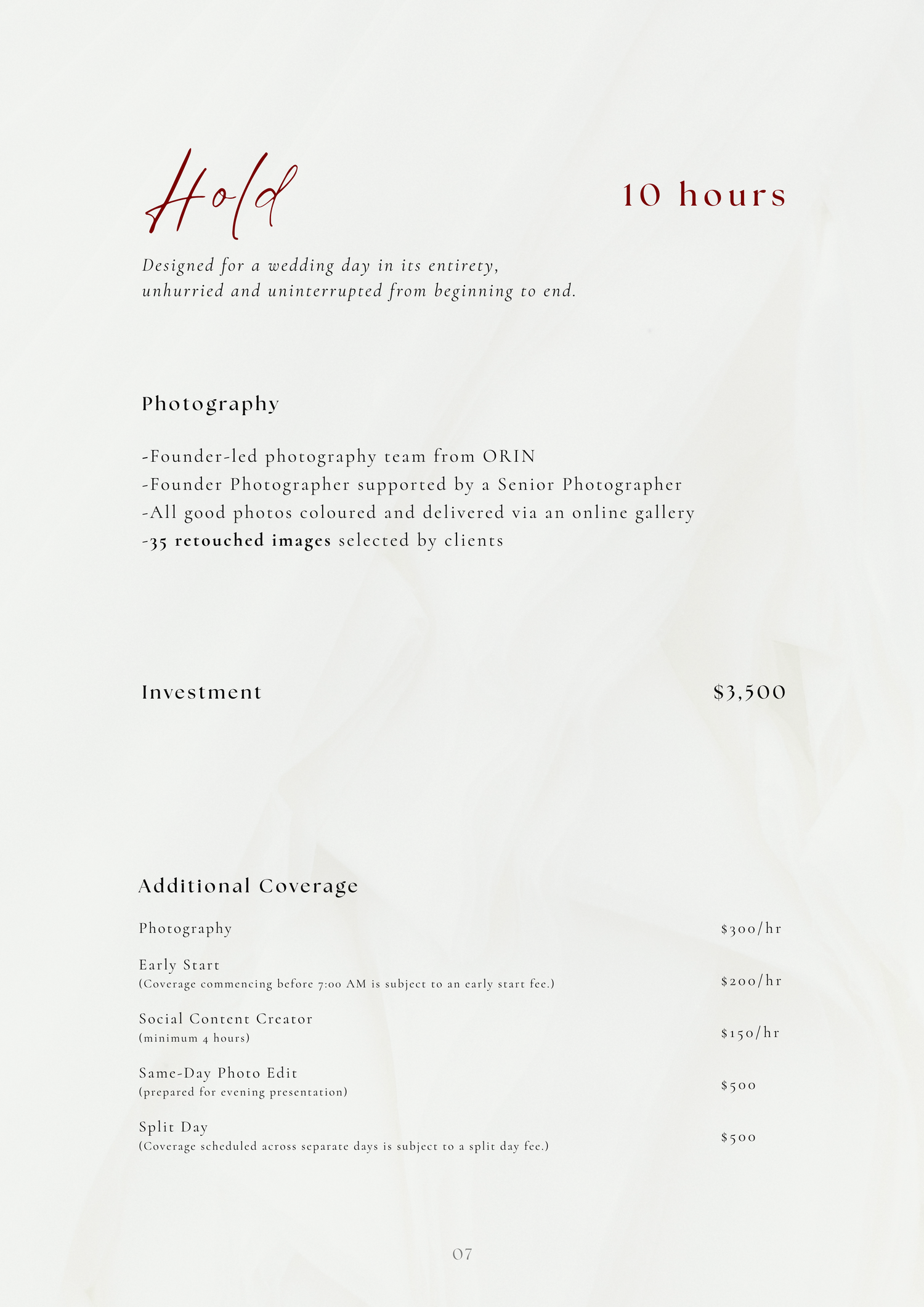 Wedding photography package brochure showing Hold 10-hour coverage details, investment of $3,500, and additional coverage options.