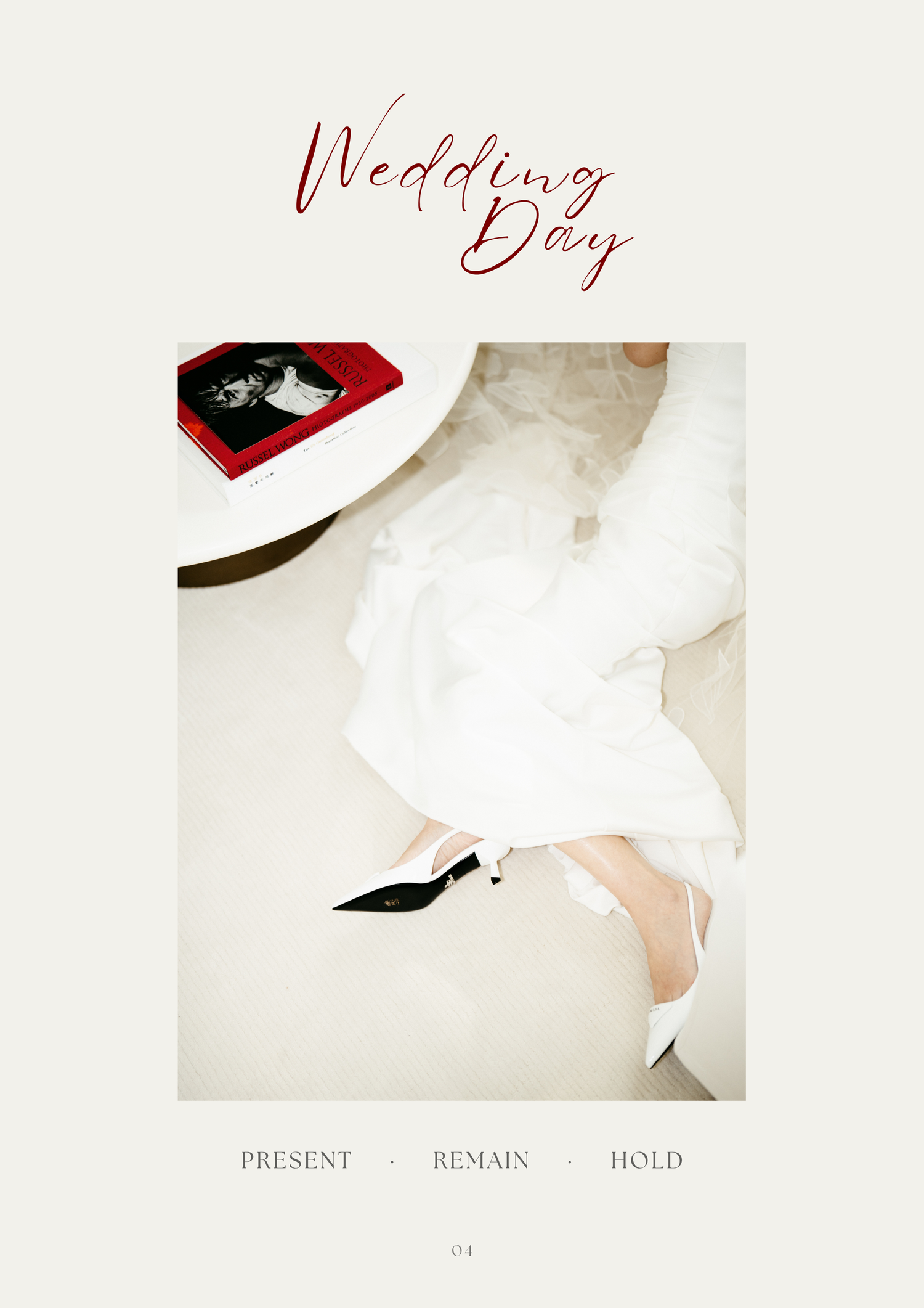 Elegant wedding day flat lay featuring a bride in a white gown wearing black and white heels beside a red jewelry box.