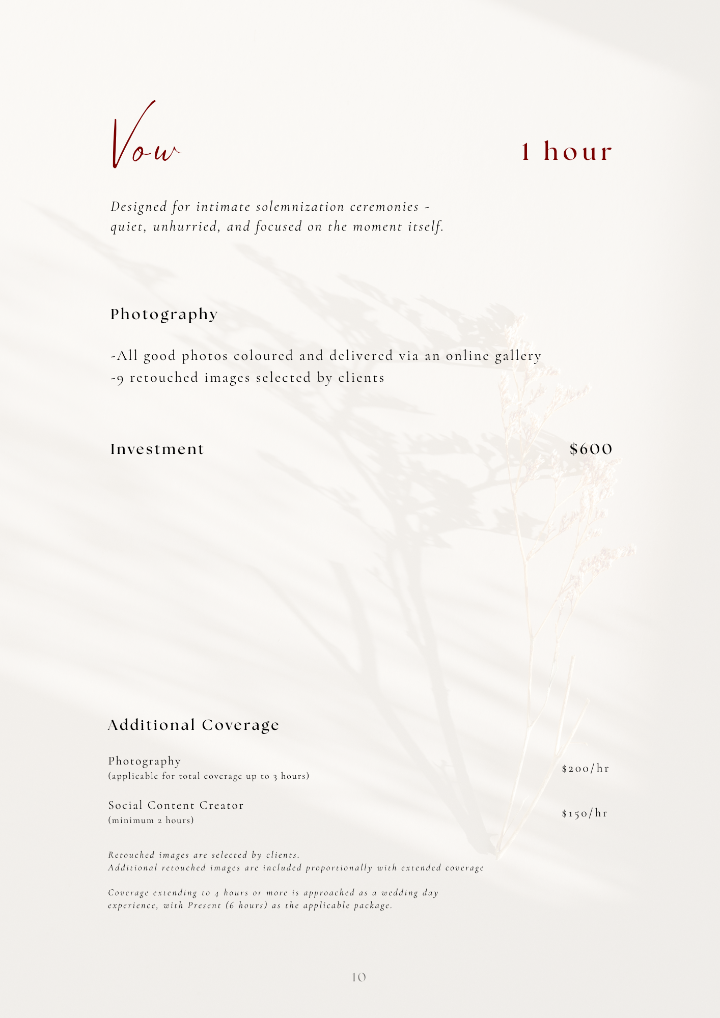 Wedding photography pricing guide showing Vow package at $600 for 1 hour with additional coverage options.