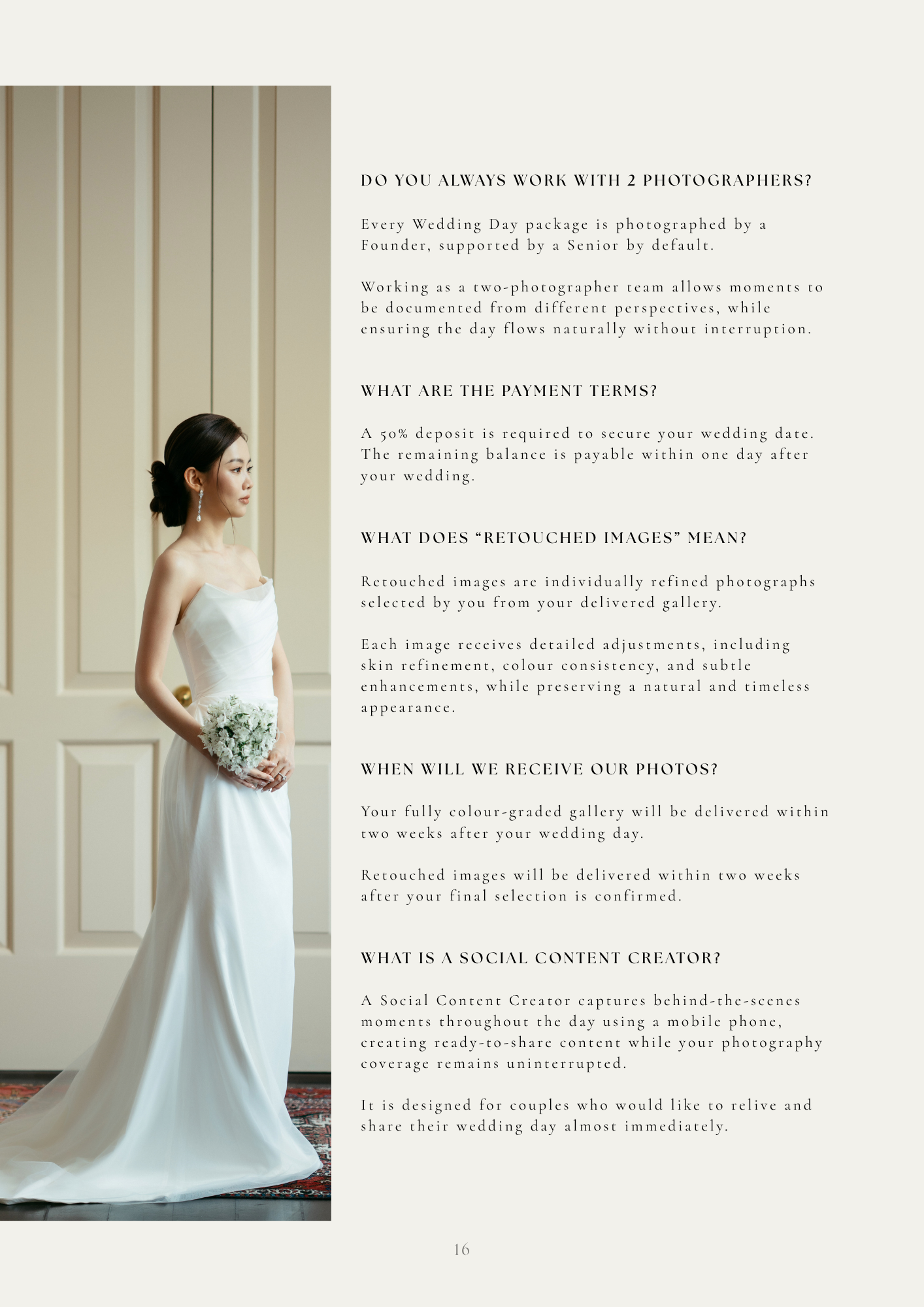 Elegant bride in a white satin gown posing in a softly lit room, with wedding photography FAQ text overlay.