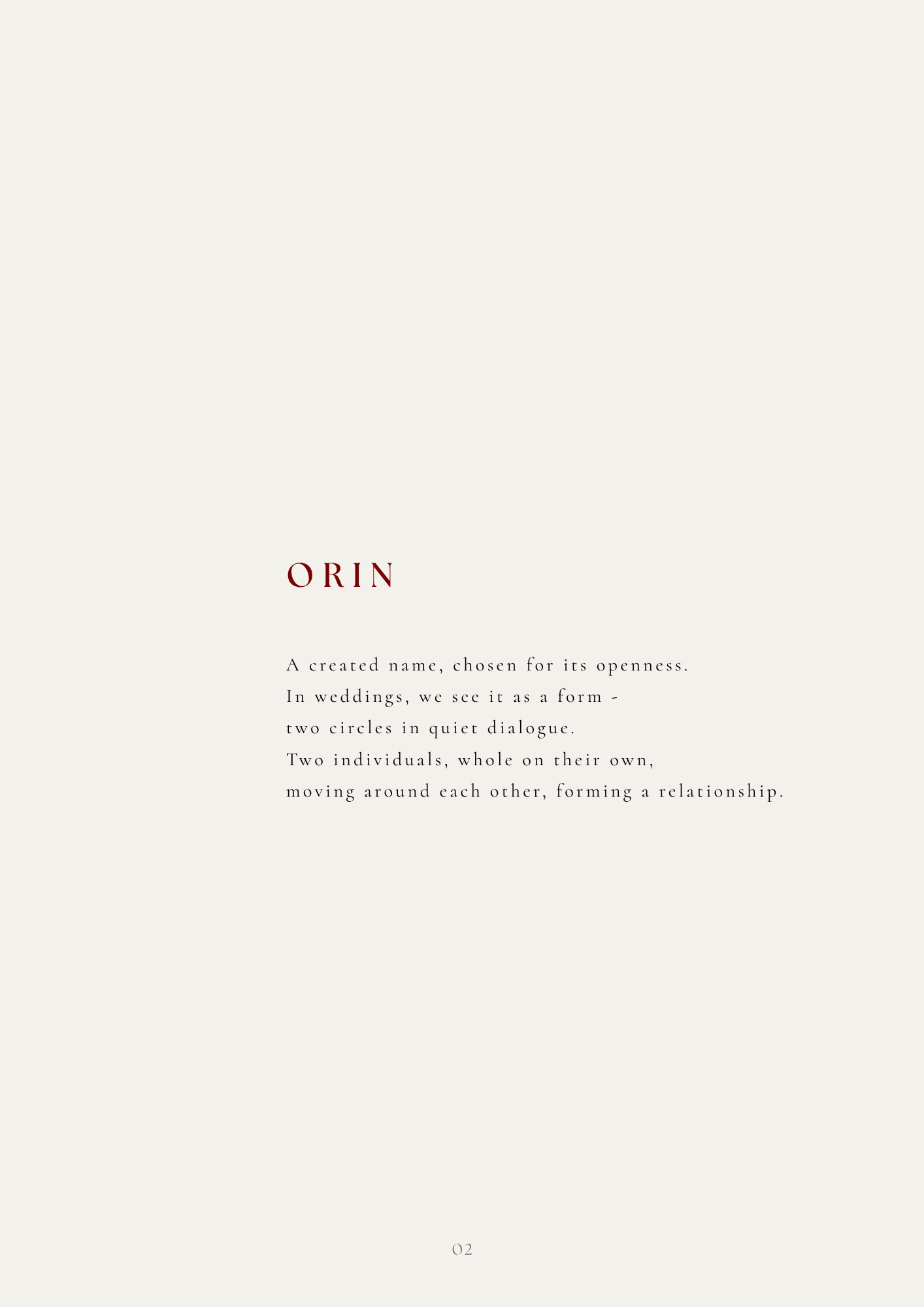 Minimalist wedding brand page for ORIN featuring a poetic description about two circles in quiet dialogue on cream background.