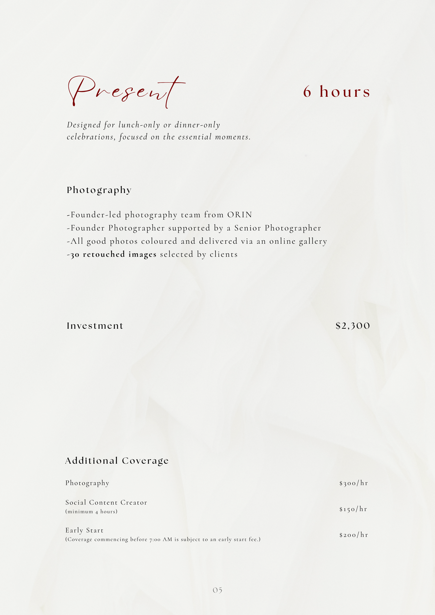 Wedding photography package card showing 6-hour coverage option with pricing at $2,300 and additional coverage rates.