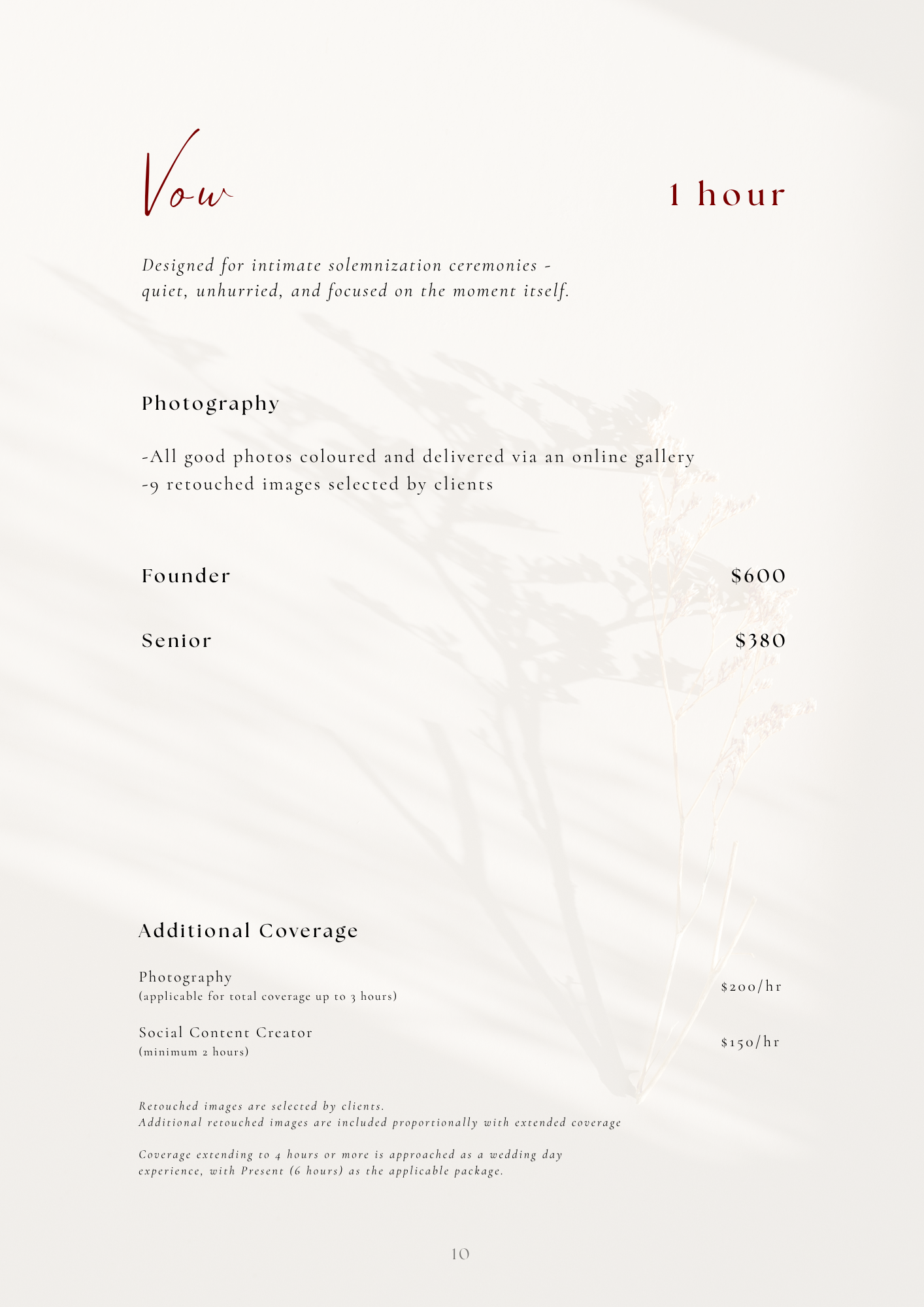 Elegant wedding photography pricing guide for intimate solemnization ceremonies with Vow package details.