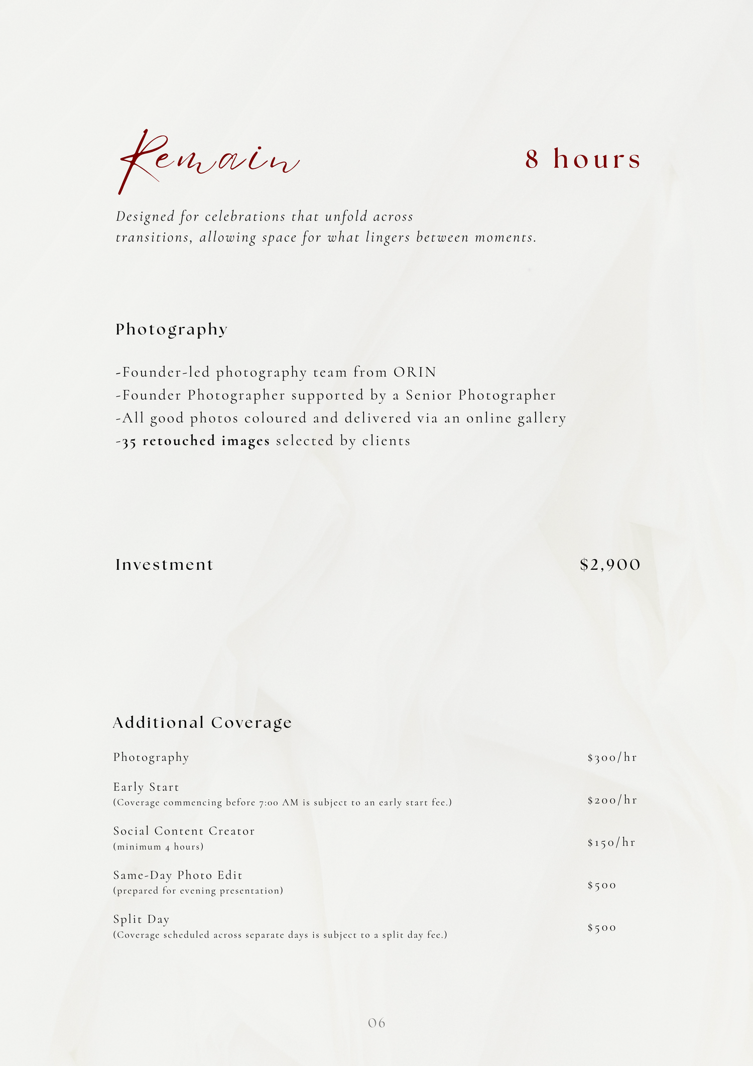 Photography package brochure showing 8-hour wedding coverage details, pricing at $2,900, and additional coverage options.