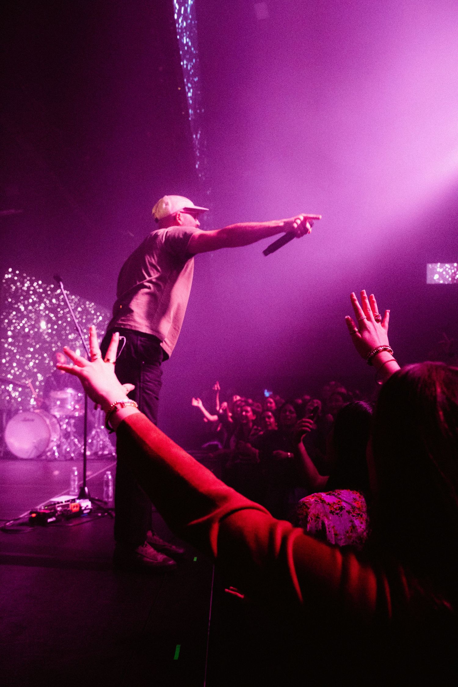 A musician points his microphone at the crowd while a fan  wearing a red sweater in the foreground waves her arms.