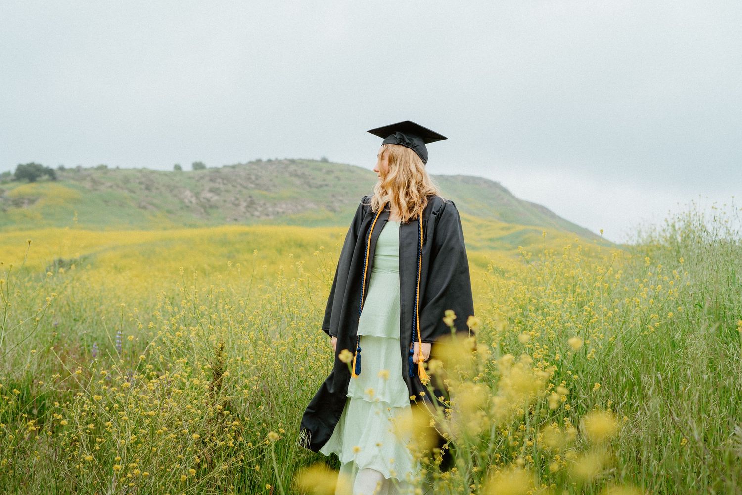 Young woman in graduation cap and gown stands among vibrant yellow wildflowers on a misty hillside.