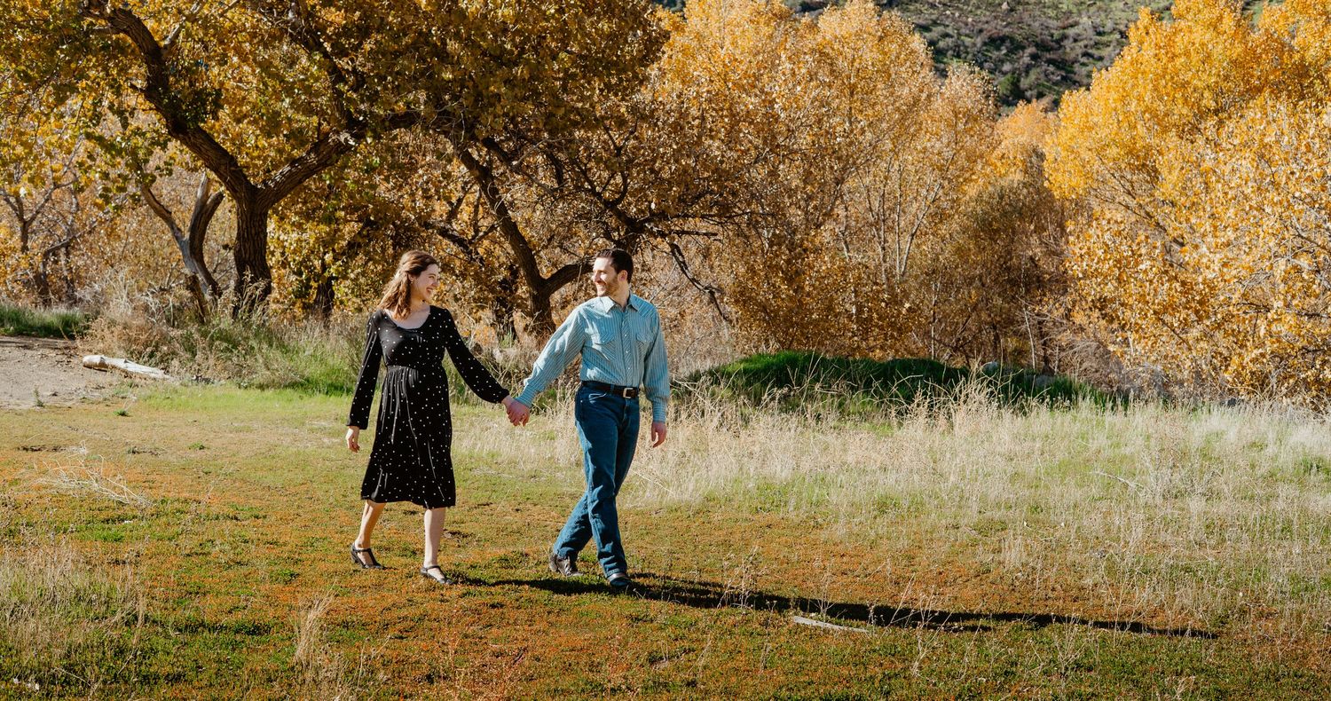 Couple holding hands walking through autumn meadow with golden trees in background.