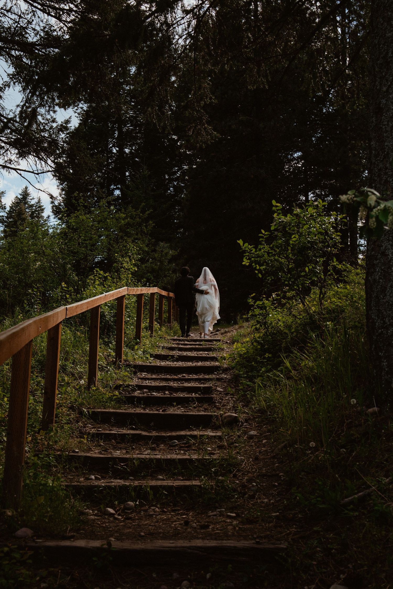 Bride in white gown and veil walking up wooden stairs through a lush forest path.