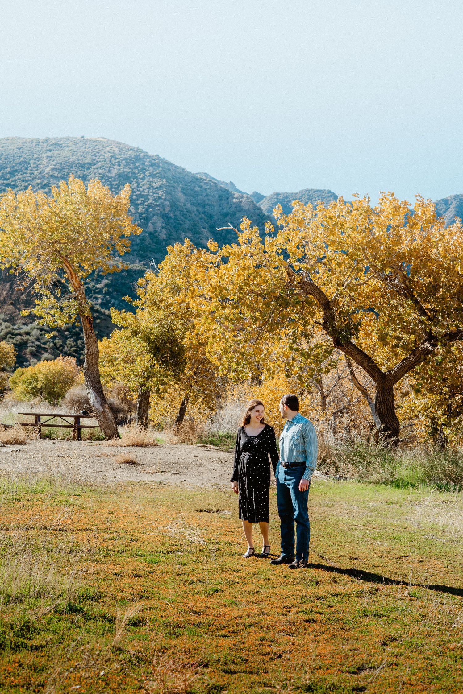 Couple walking together in autumn park with yellow trees and mountains.