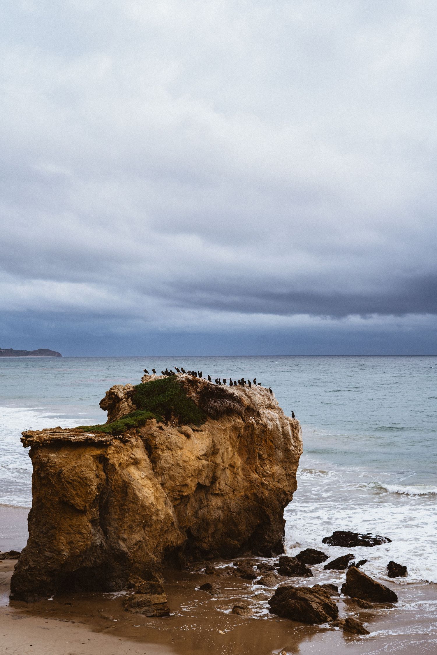A large sandstone rock formation on a beach with birds perched on top under a dramatic cloudy sky.