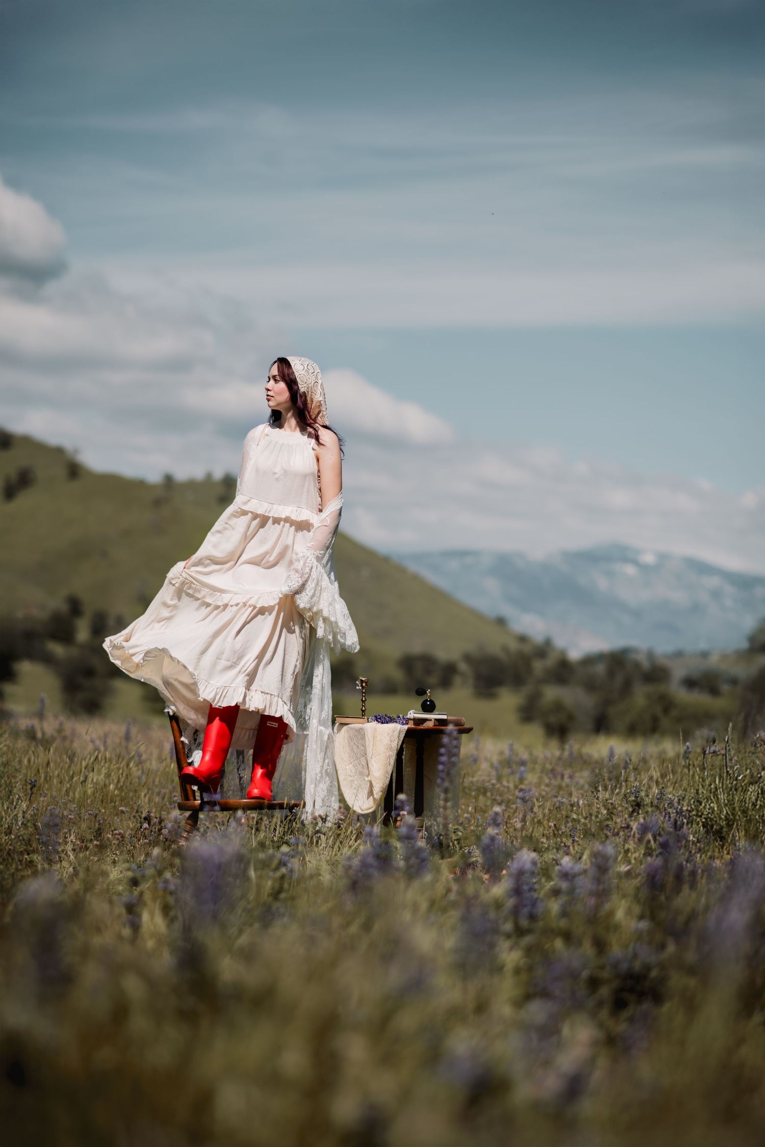 mountain in the distance with girl in red boots and purple flowers.
