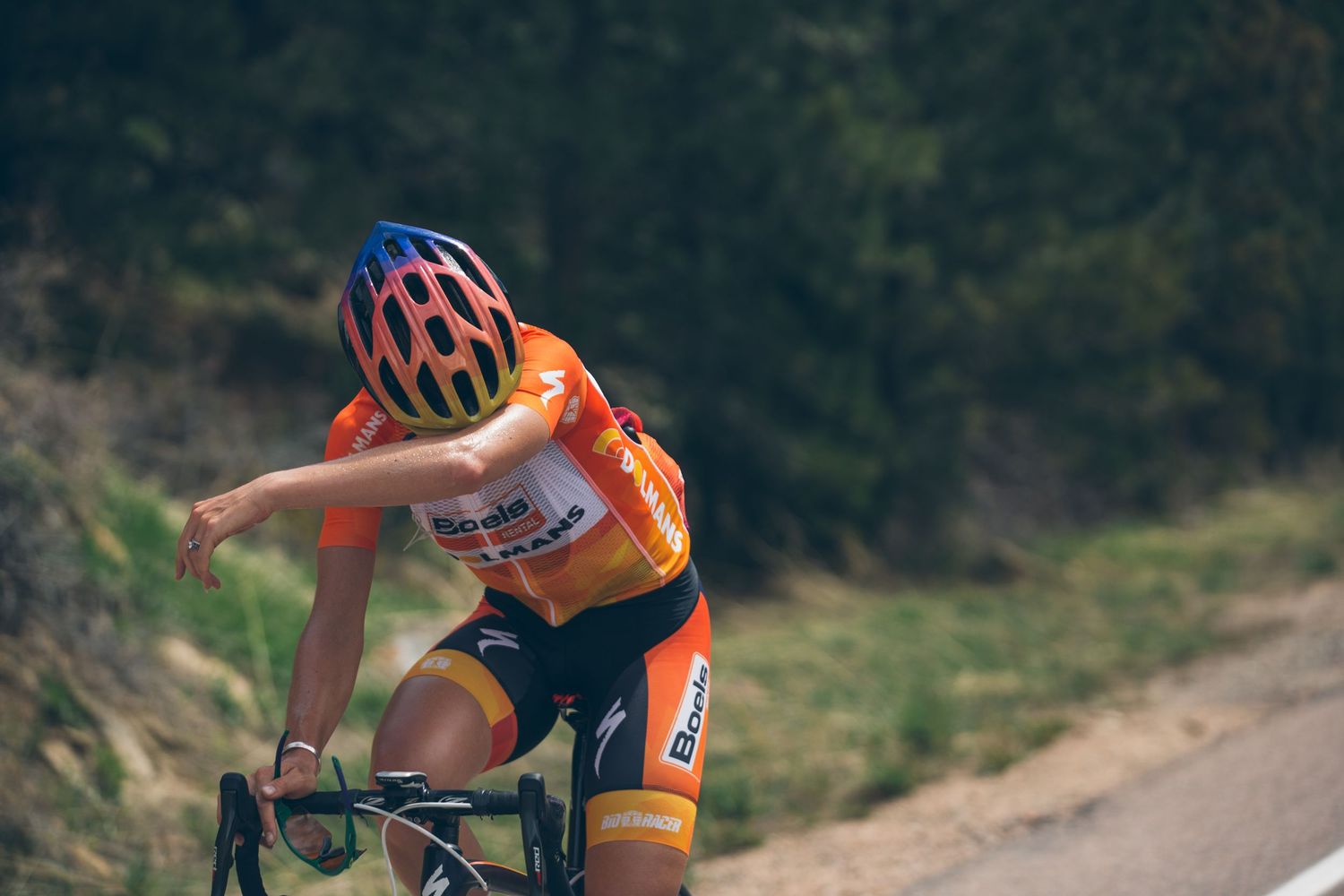Cyclist in orange jersey and colorful helmet riding a road bike on a paved path with trees in the background.