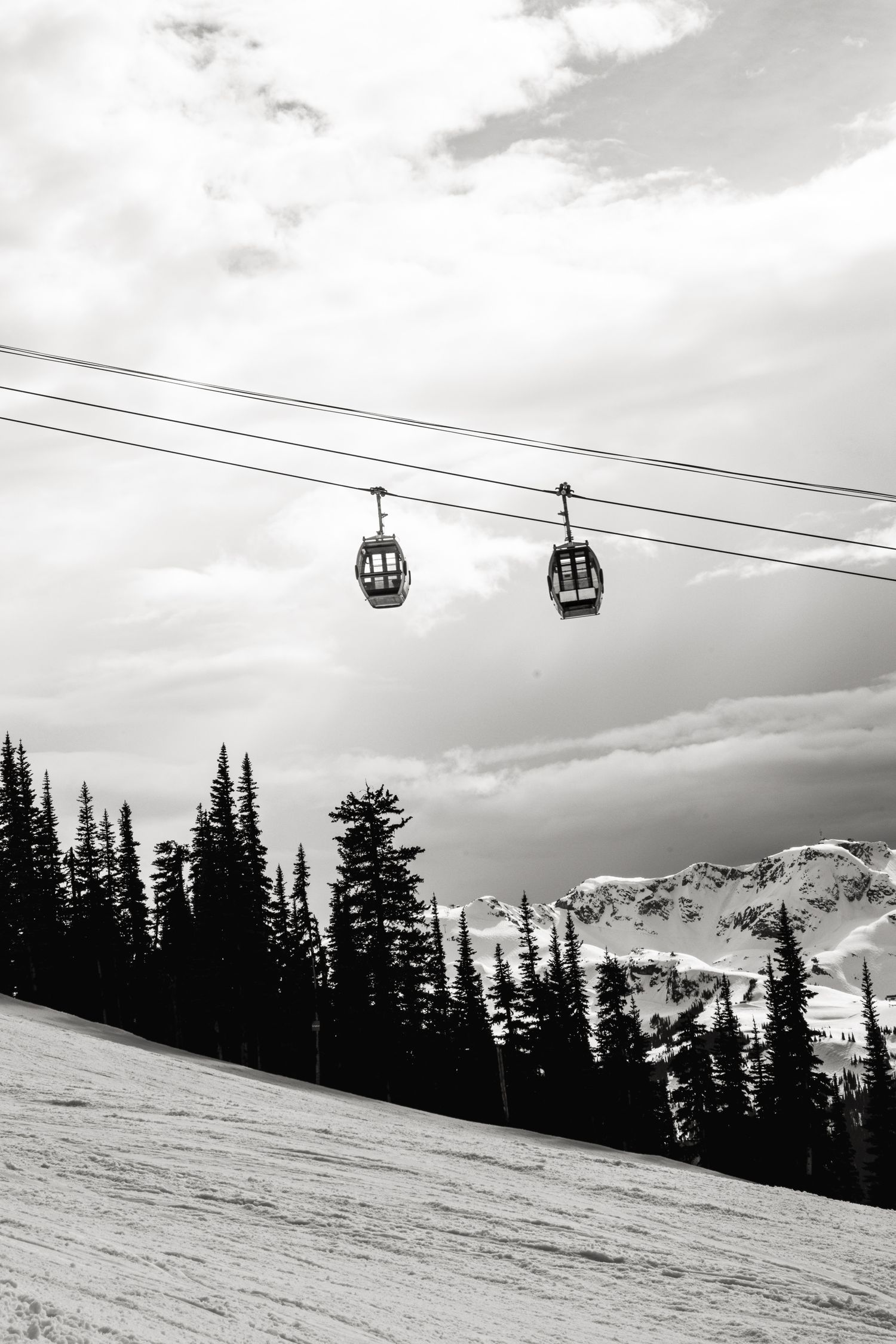 Black and white photo of two gondola cable cars above a snowy ski slope with pine trees and mountain peaks.