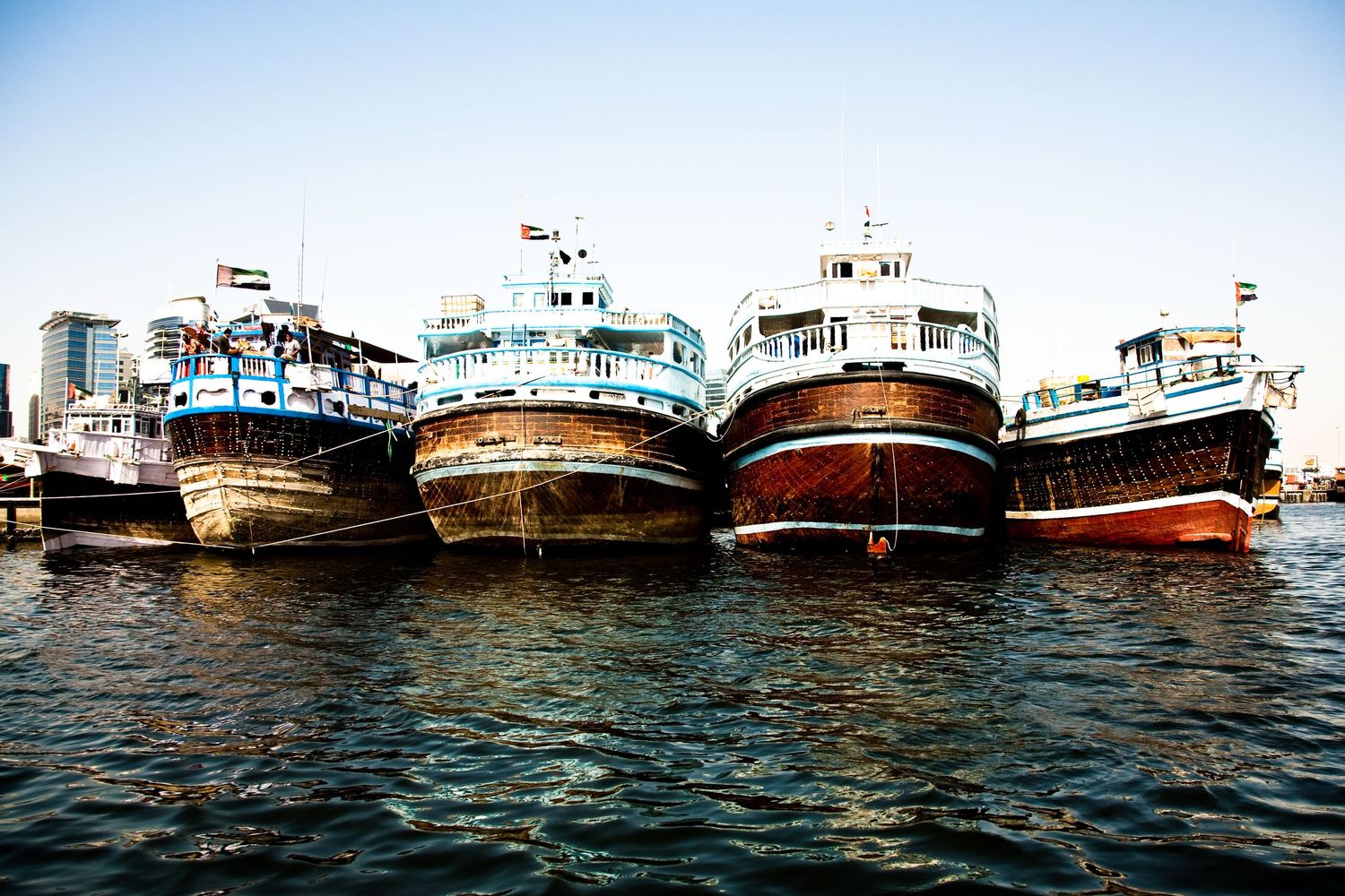 Four weathered wooden boats docked side by side on calm water with city buildings in the background.