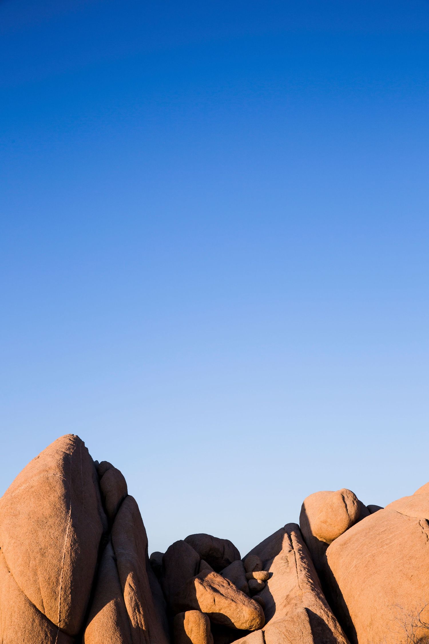 Rugged granite boulders rise against a clear blue sky in Joshua Tree National Park at golden hour.