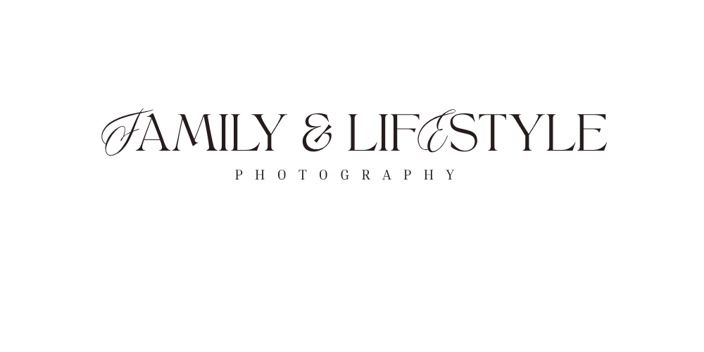 Family and lifestyle photography studio logo with elegant decorative serif font on white background.