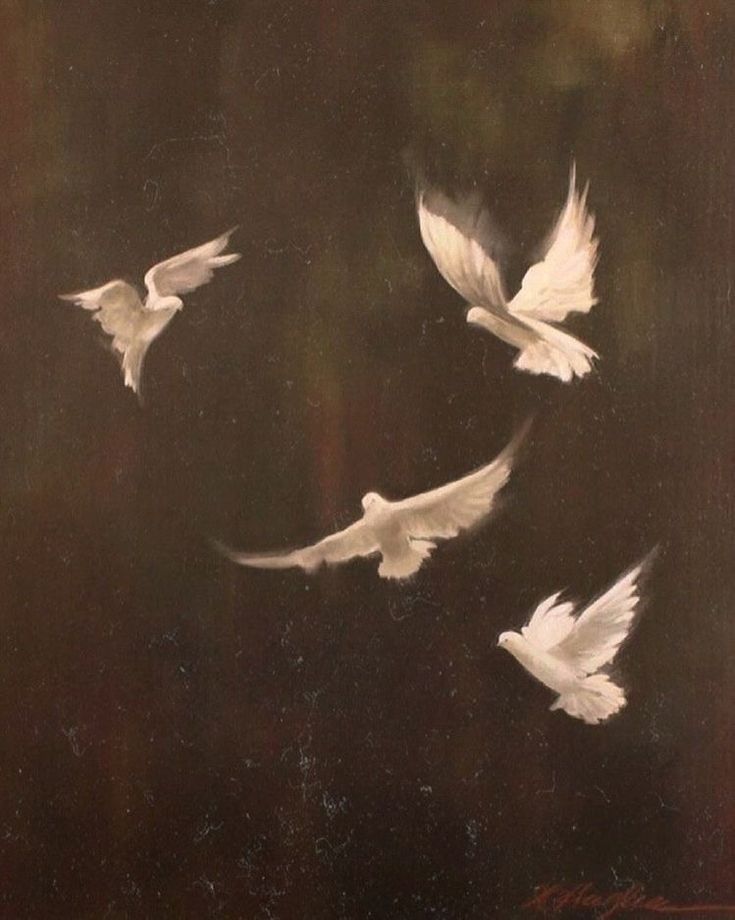 Oil painting of four white doves in flight against a dark dramatic background.