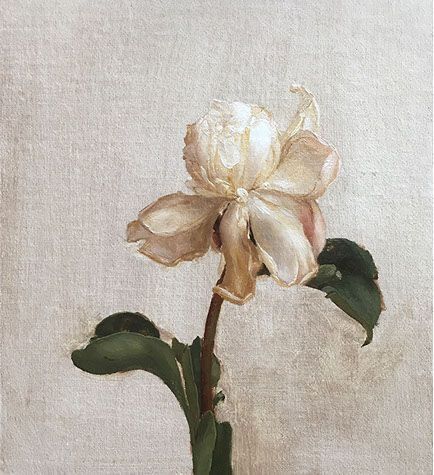 Delicate white flower with green leaves painted in soft, muted tones on a neutral linen background.