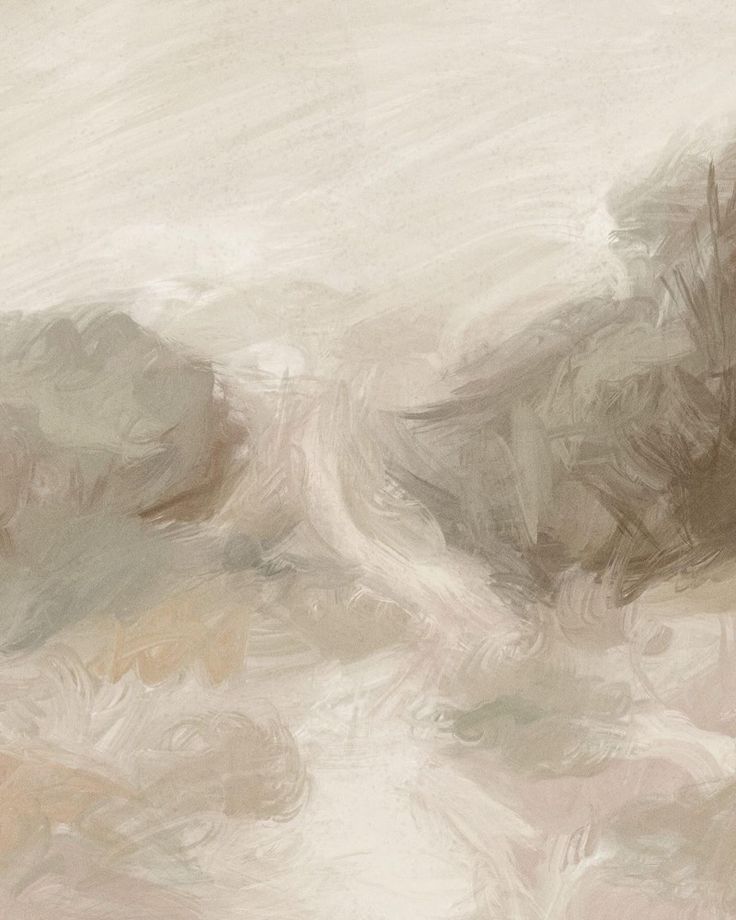 Impressionist style landscape painting in neutral beige and sage tones with soft brushstrokes depicting trees.