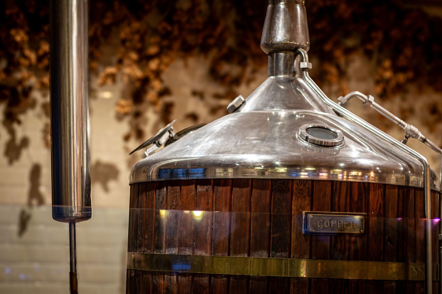 Row of large copper brewing tanks in a craft brewery setting.