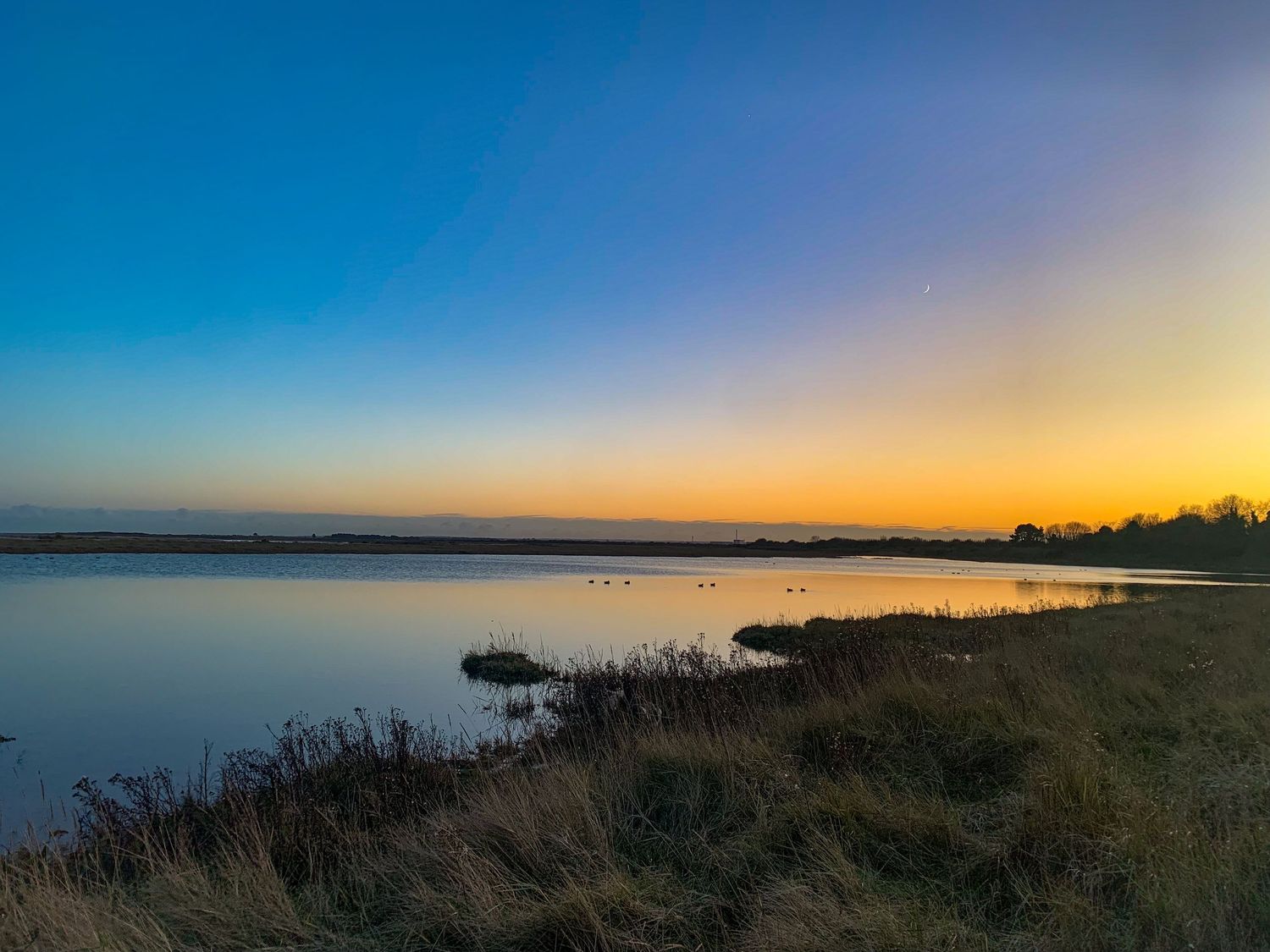 Panoramic sunset view over a coastal marsh with golden light reflecting on calm waters.