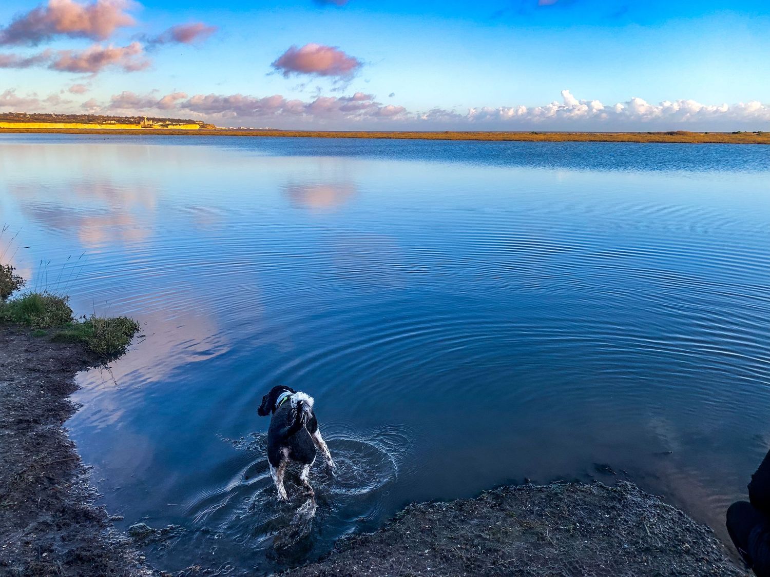 Expansive blue lake landscape with mountains and clouds on the horizon.