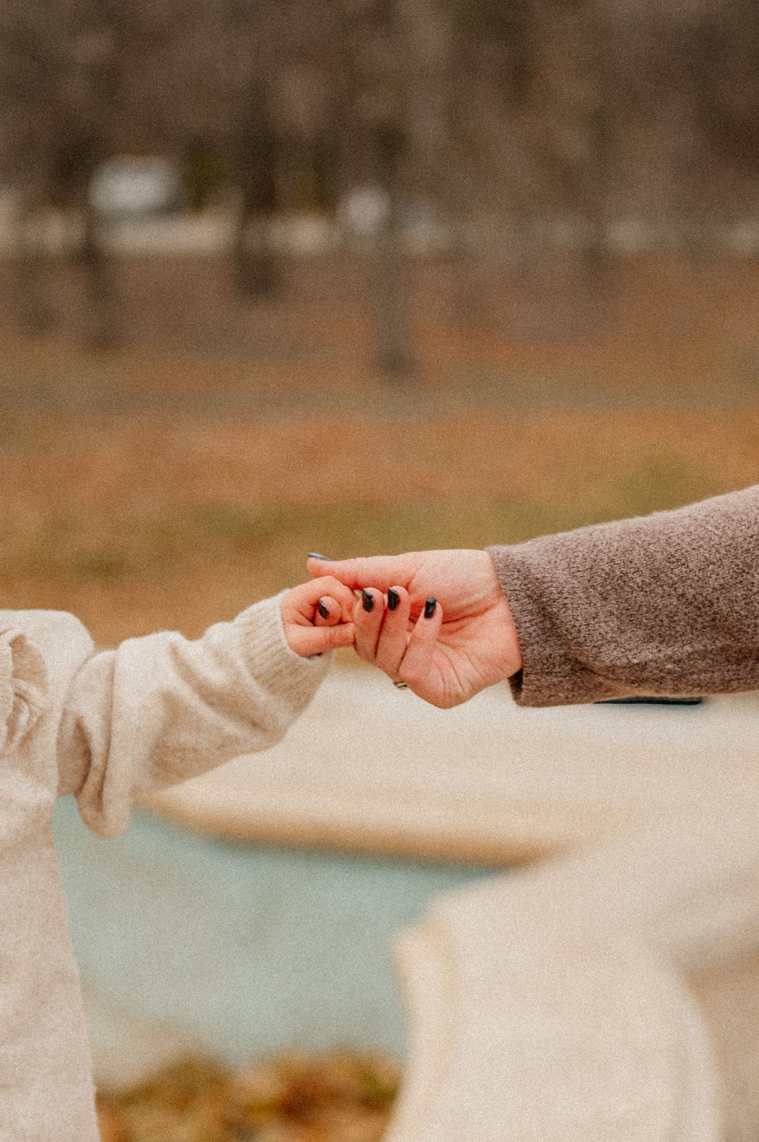 Two hands reaching out towards each other against a blurred outdoor background in warm autumn tones.