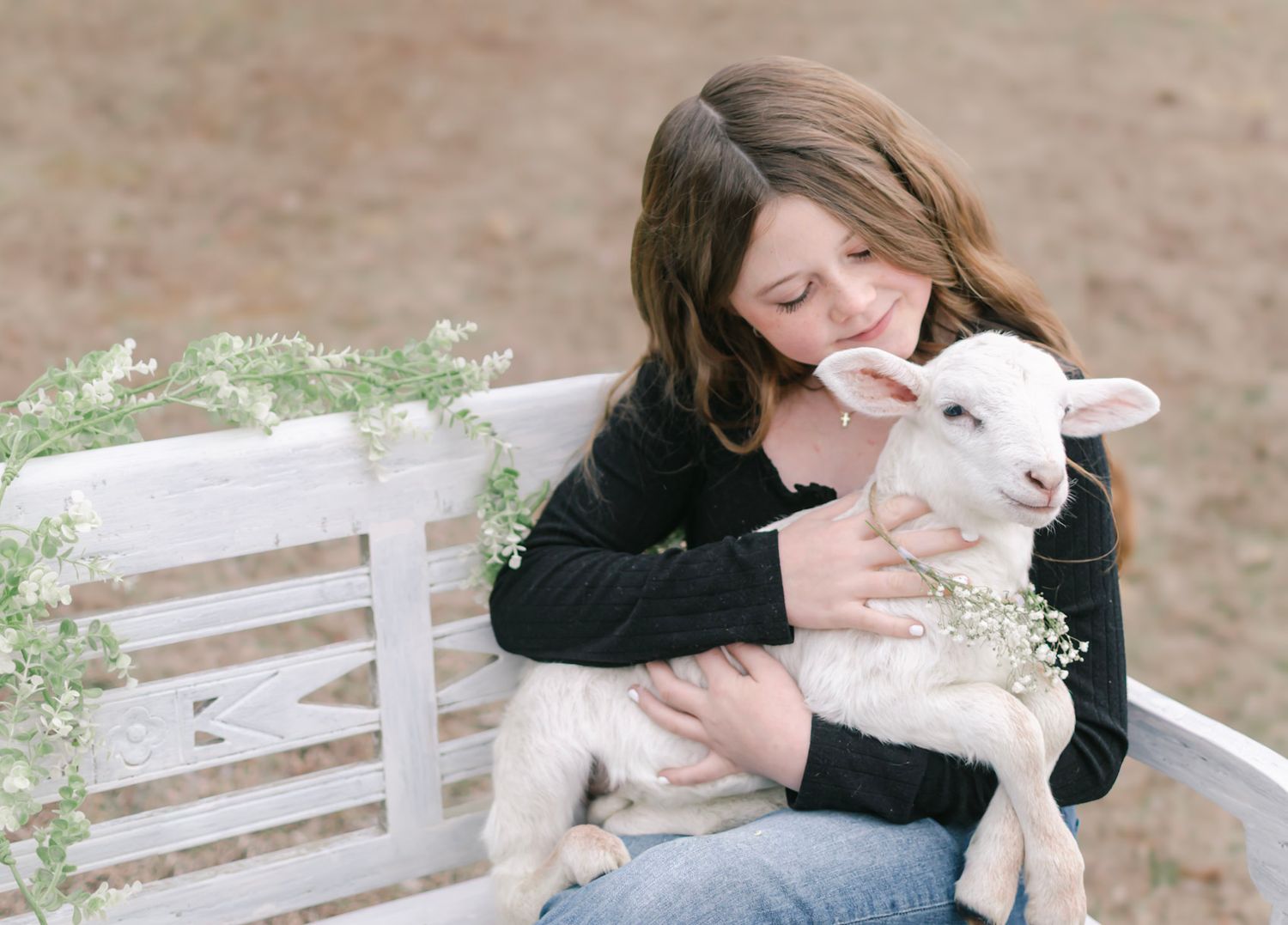 Child Lamb Bunny Moms Knoxville Toddler on White Sweet Bench with Highland Cow at Loudon Municipal Park Flower Crown and white cottage bench