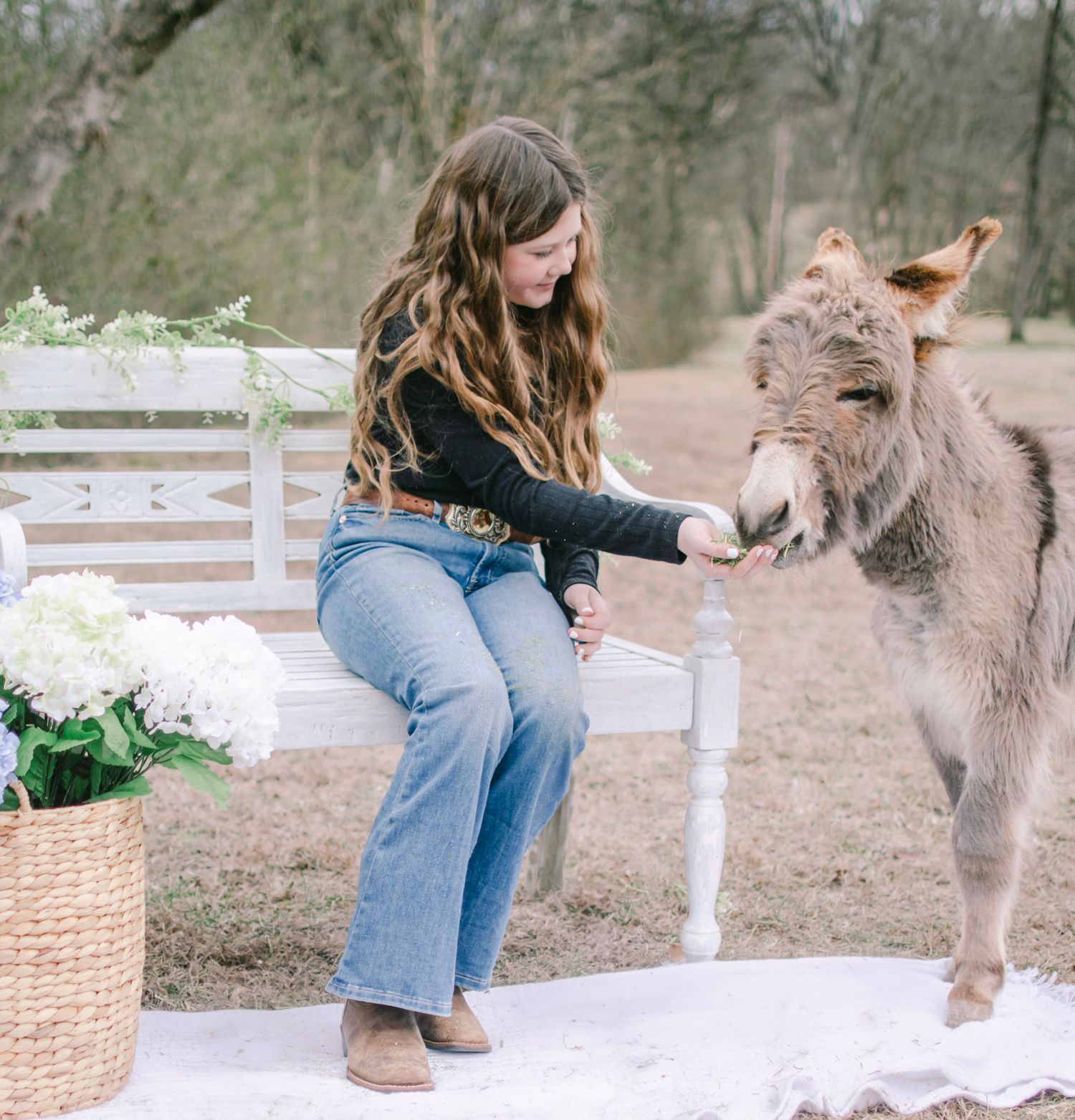 Jerusalem Donkey Girl Child Toddler Baby Florals Cottage Core Vintage Family Easter Spring Photography Moms florals flower crown white bench