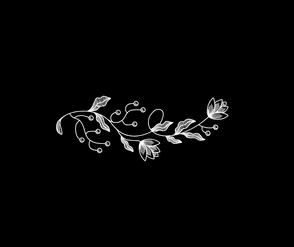 Graceful white floral vine pattern with leaves on black background.