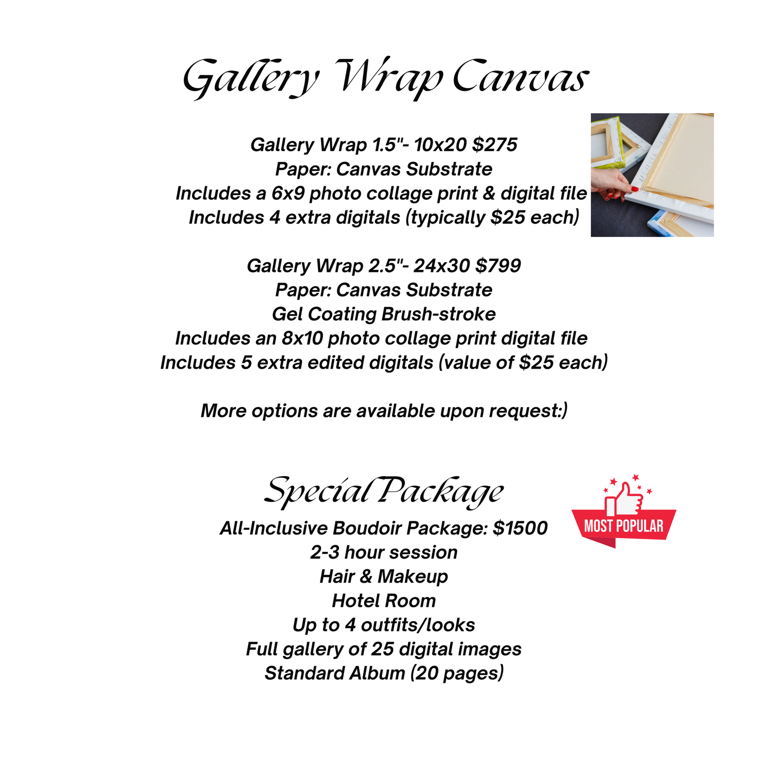 Gallery wrap canvas pricing information and package details for photography services.