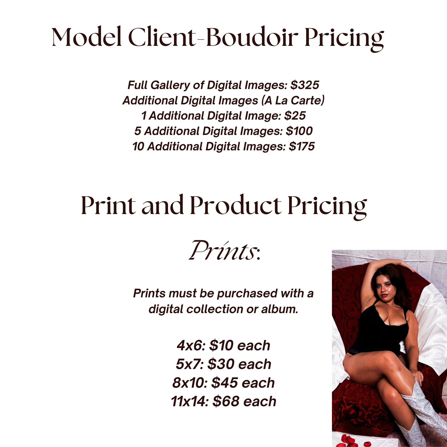 Price list showing print sizes and costs for photography products and services.