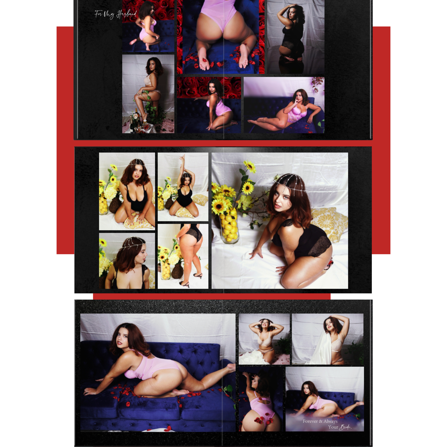 Collection of artistic boudoir photographs arranged in a portfolio layout with red borders.