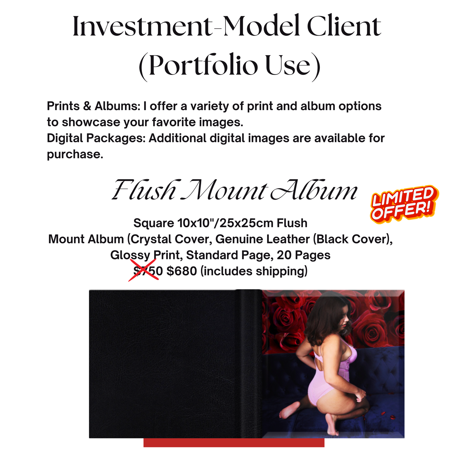 Photography service menu displaying portfolio album pricing and package details.