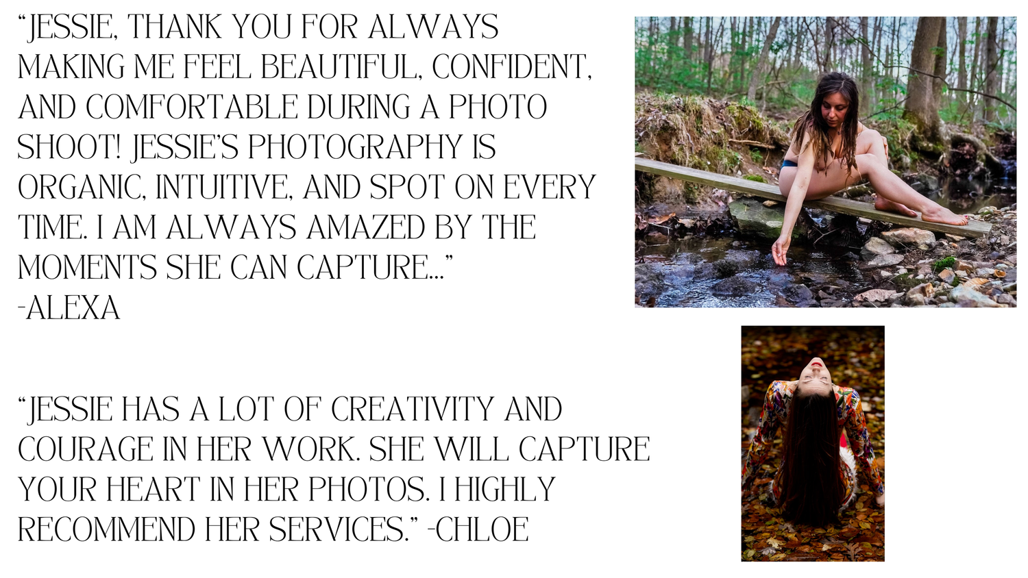 A collage of testimonial text and outdoor photography reviews arranged in a horizontal layout with nature scenes.