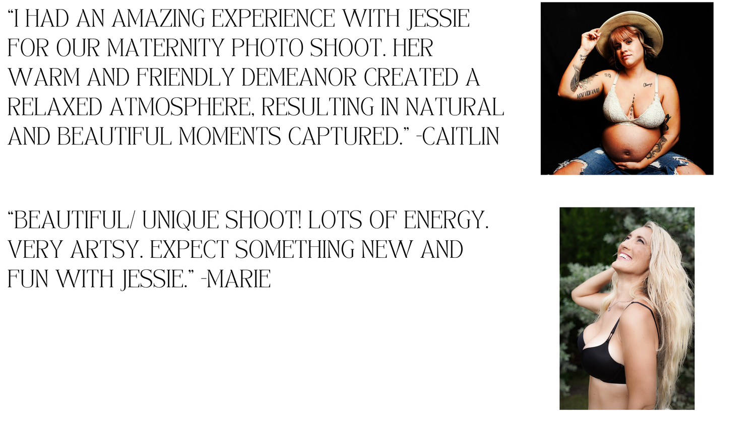 A collage of black and white photo session testimonials with handwritten text and artistic portraits.