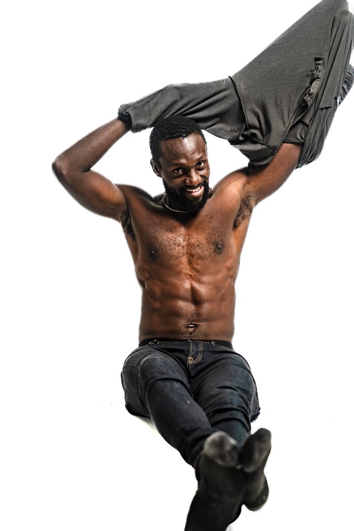Athletic figure performing dynamic movement sequence against white background.