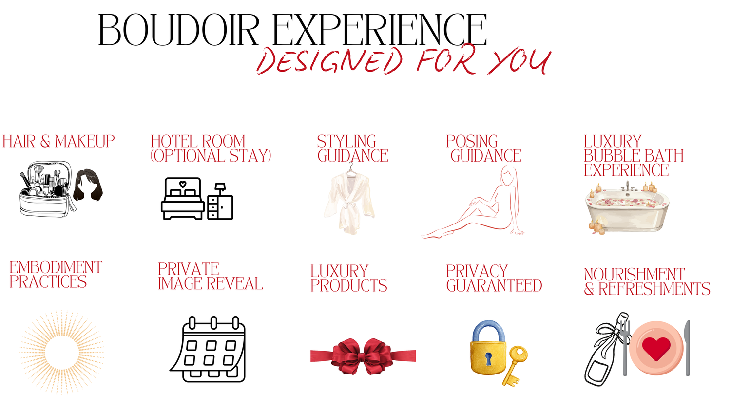 A pink and white header banner showing various icons and navigation elements for a boudoir photography website.