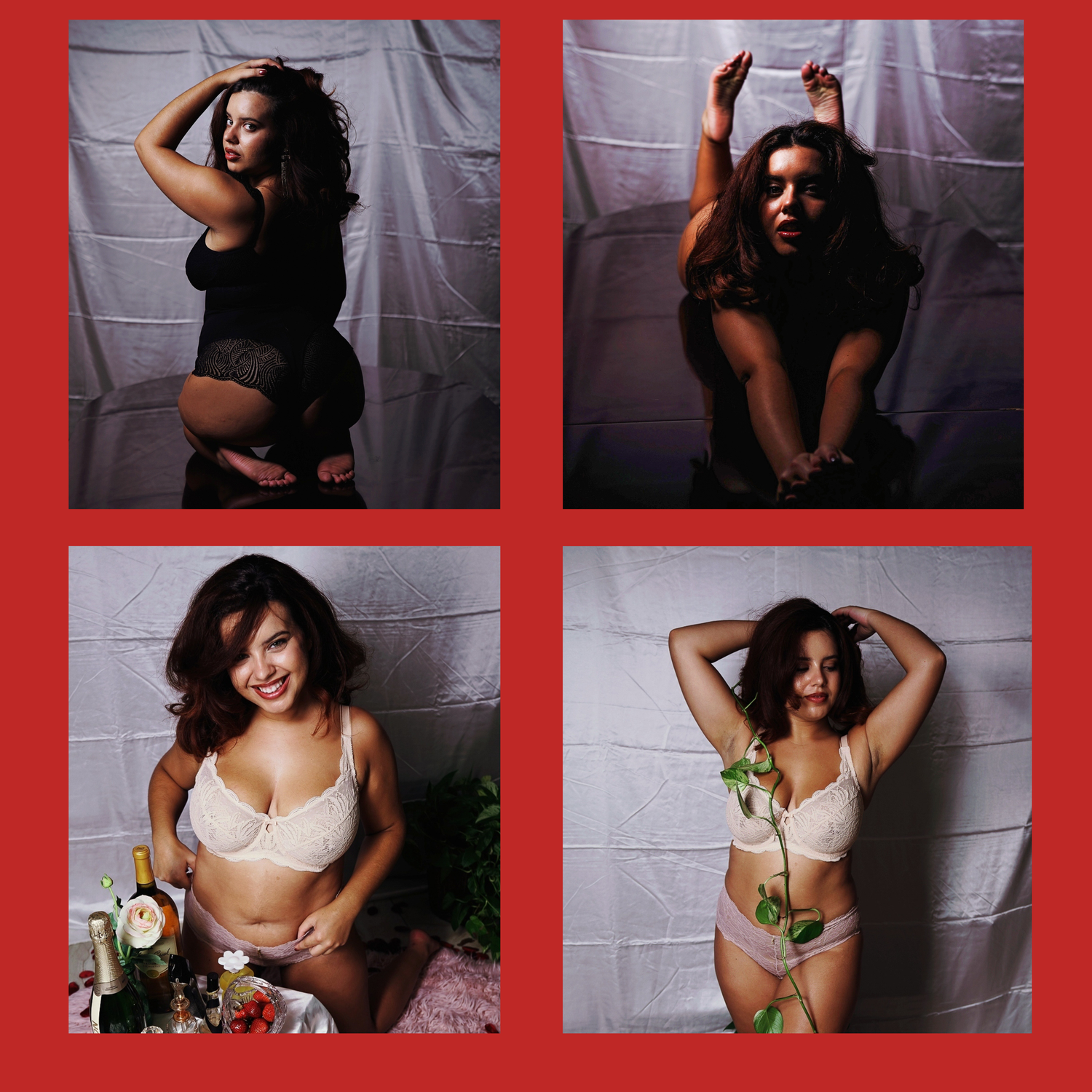 Artistic portrait series arranged in a grid with red borders showing various poses.