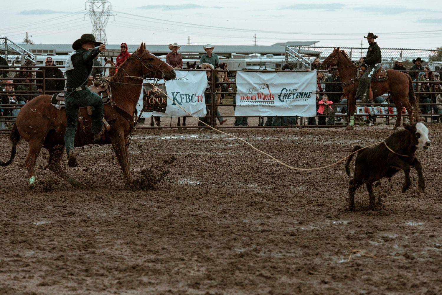 Multiple cowboys competing in a rodeo event with horses kicking up dust in the arena at Hell on Wheels week in Cheyenne Wyoming.