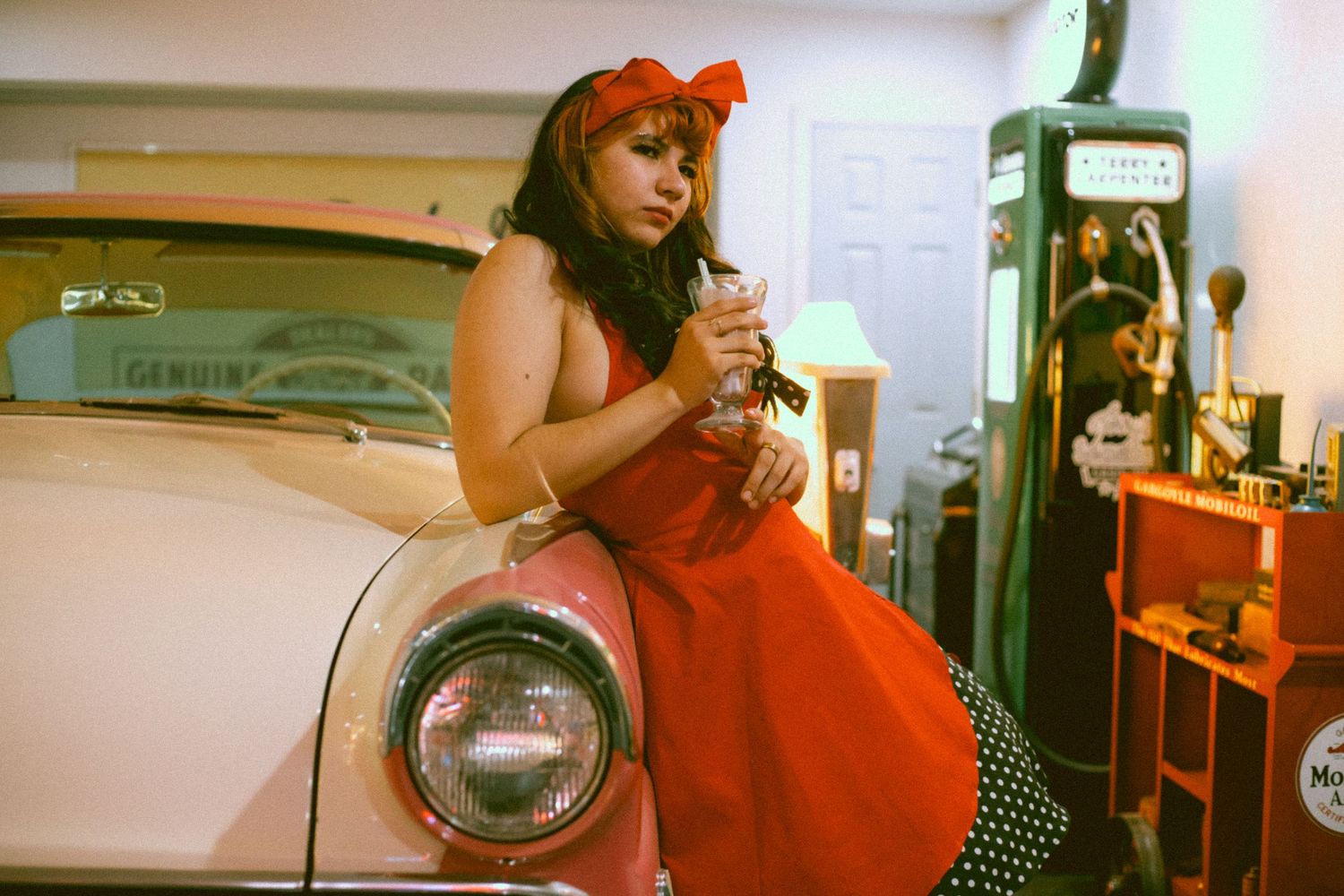 A vintage-style photo collage shows a red dress against various interior backgrounds and lighting conditions.