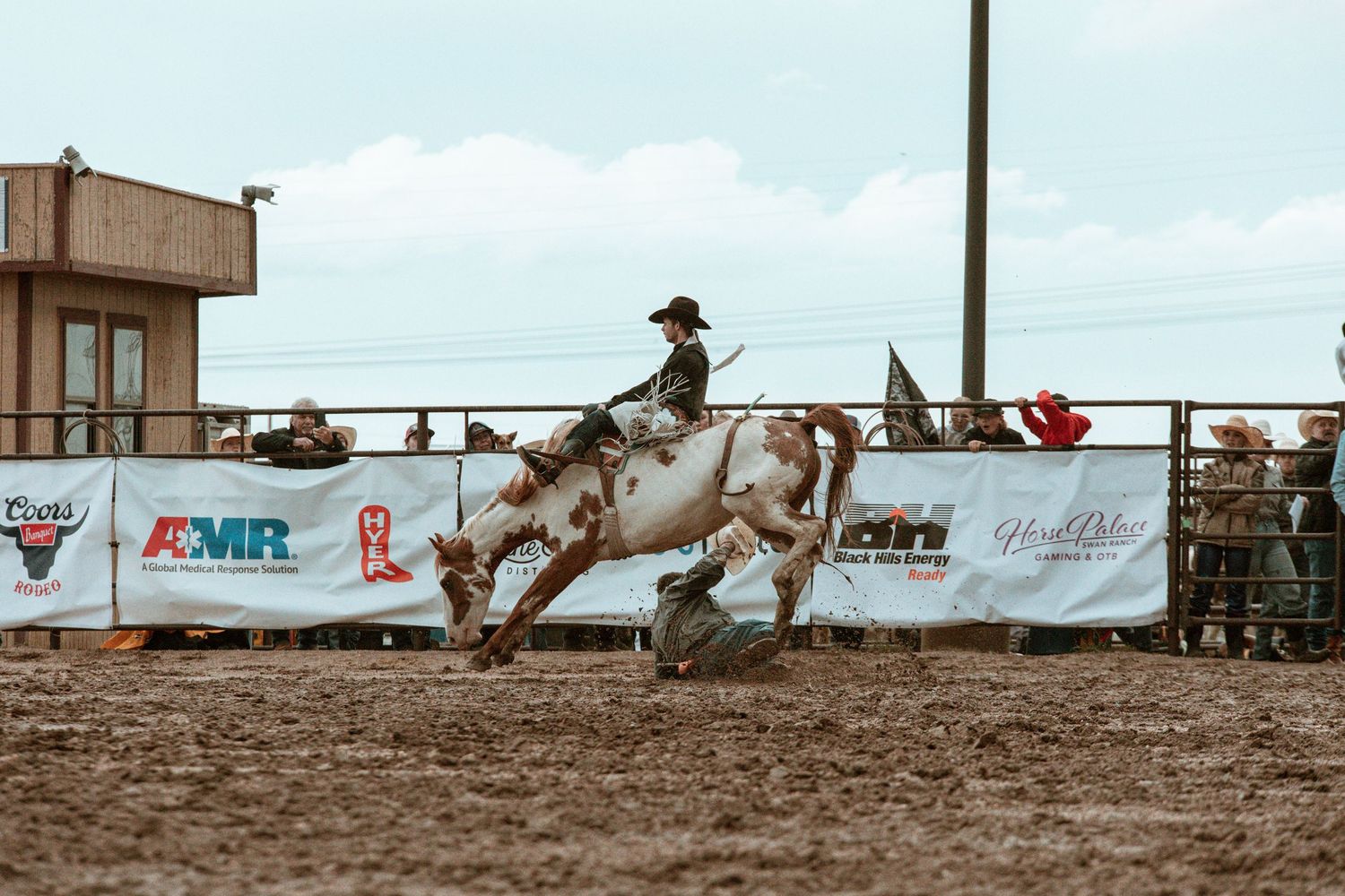A dramatic sequence of a bronc rider being thrown from a bucking horse at a rodeo competition in Cheyenne Wyoming.