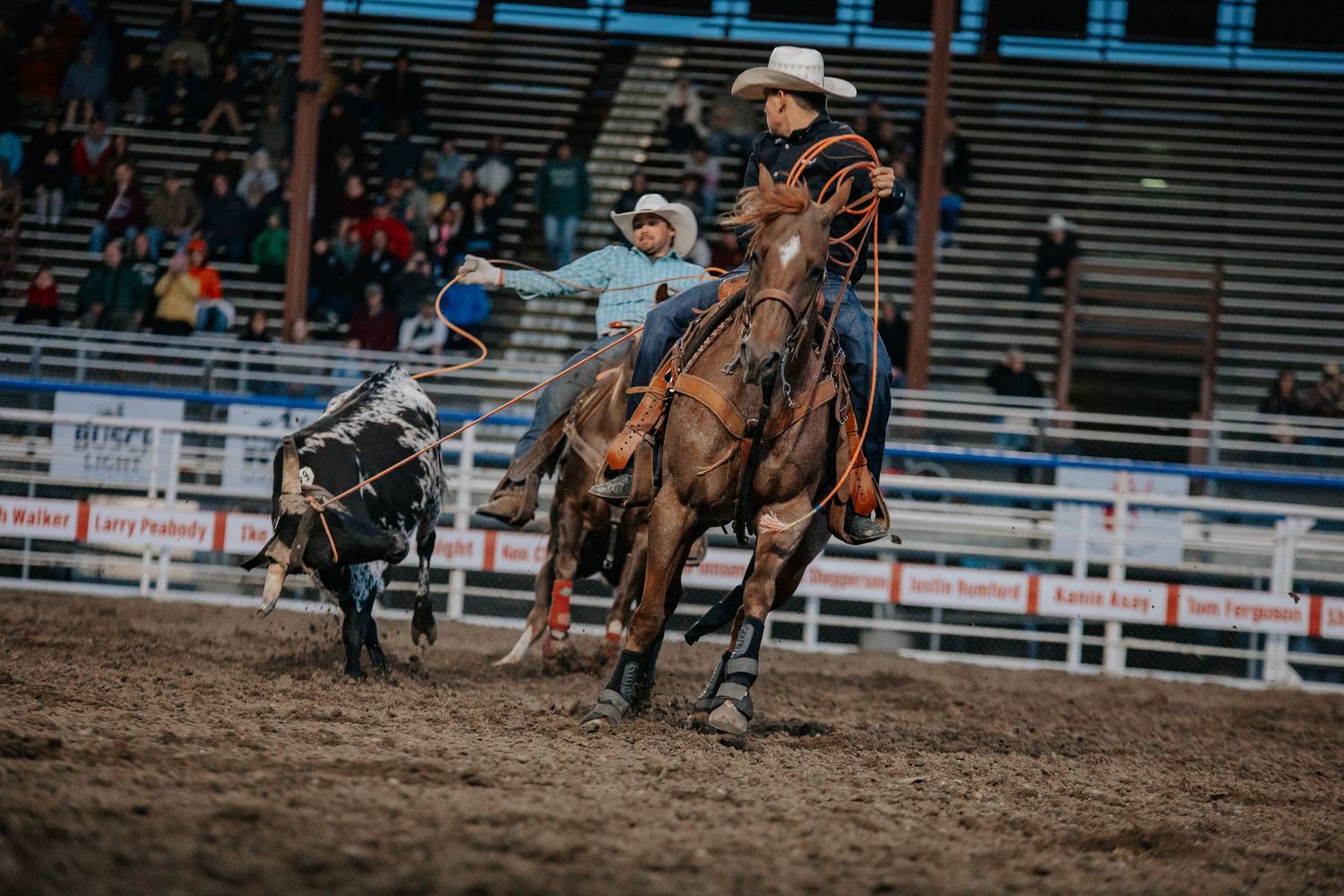 a rodeo with cowboys and spectators in stadium bleachers.