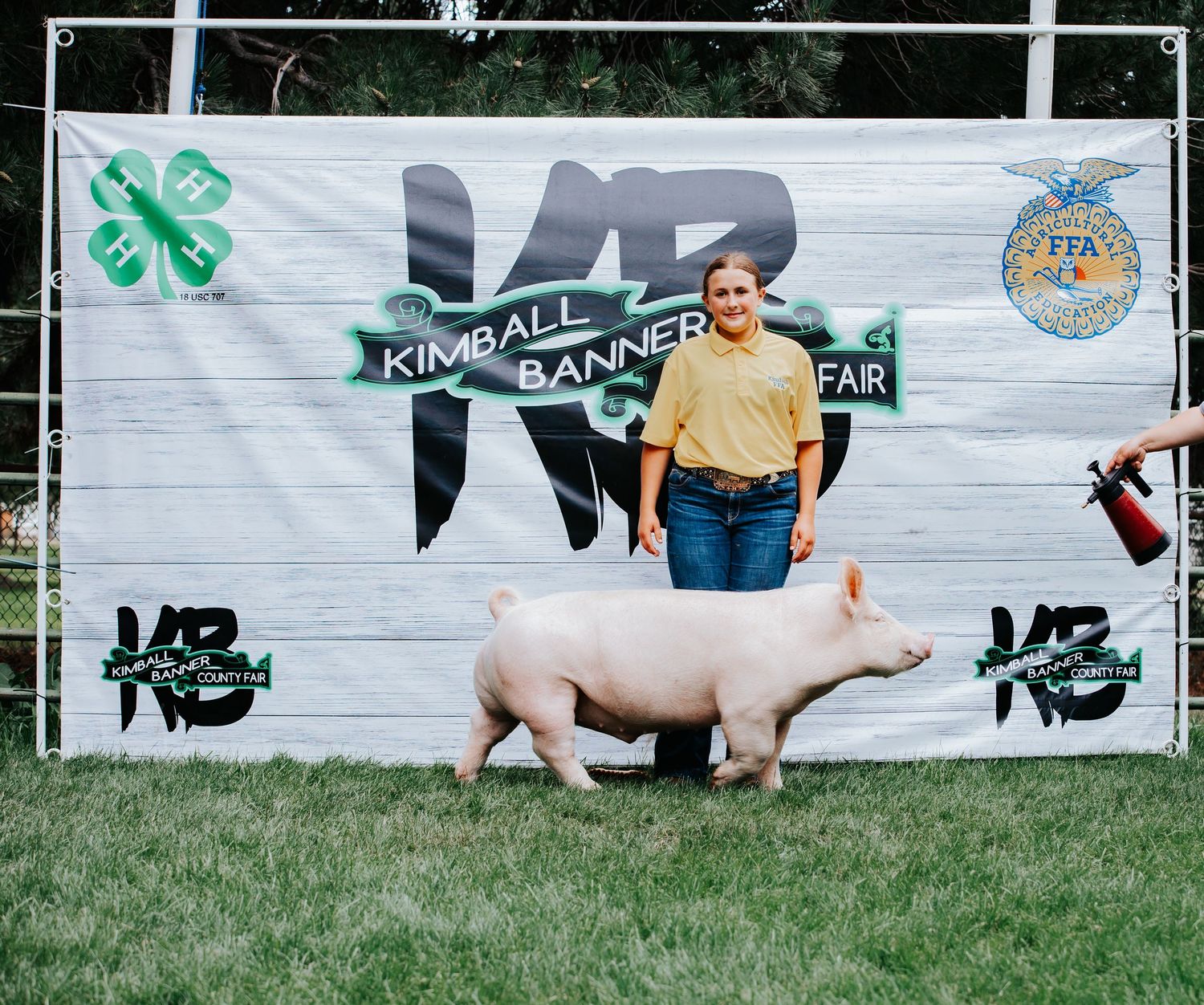 Young girl showing a pig at the Kimball Banner Fair with 4-H and FFA banners in the background.