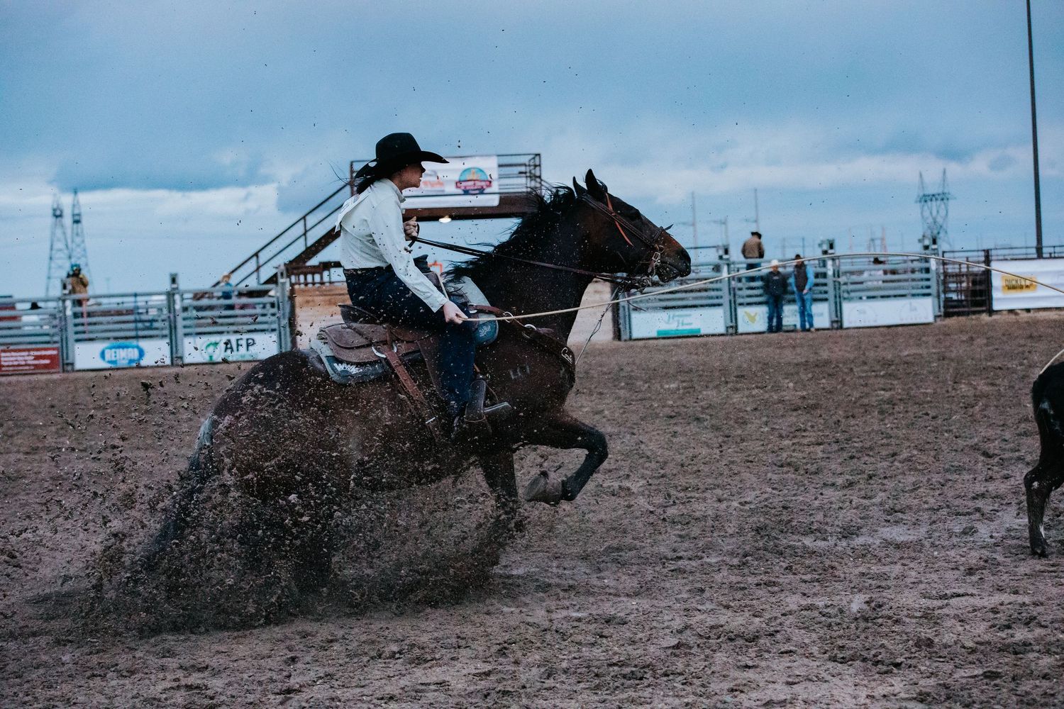 Dynamic rodeo scene with cowboys and horses kicking up dust in an outdoor arena in Cheyenne, Wyoming.