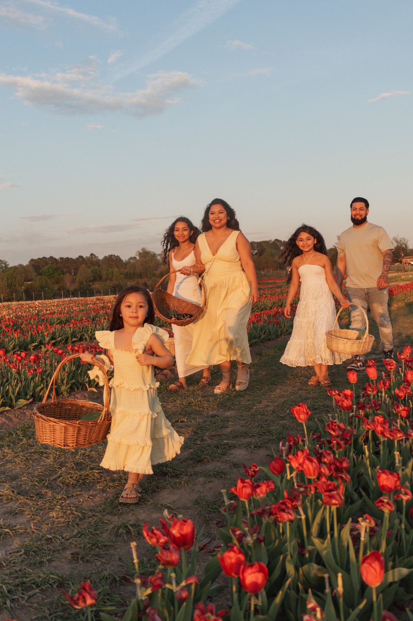 Family walking through a red tulip field at sunset, carrying wicker baskets, wearing white and beige outfits.