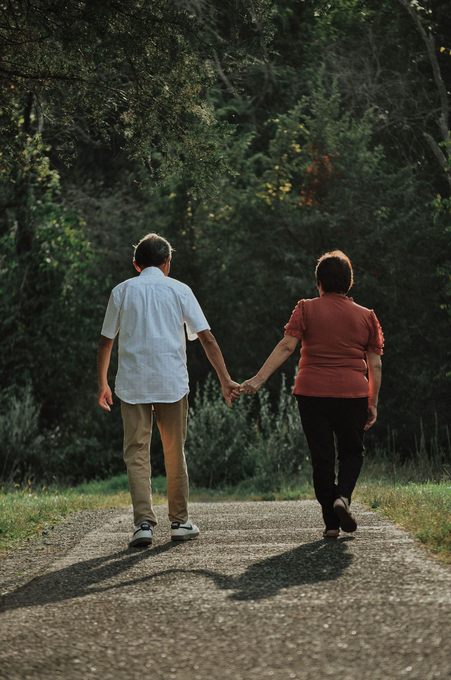 Elderly couple holding hands walking down a tree-lined path, viewed from behind, wearing casual clothing.